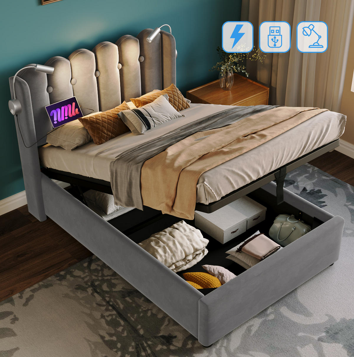 POLSTERBETT 90/200 cm Grau aus Samt mit USB und Leselicht - Grau, Textil (90/200cm) - OKMYHOME