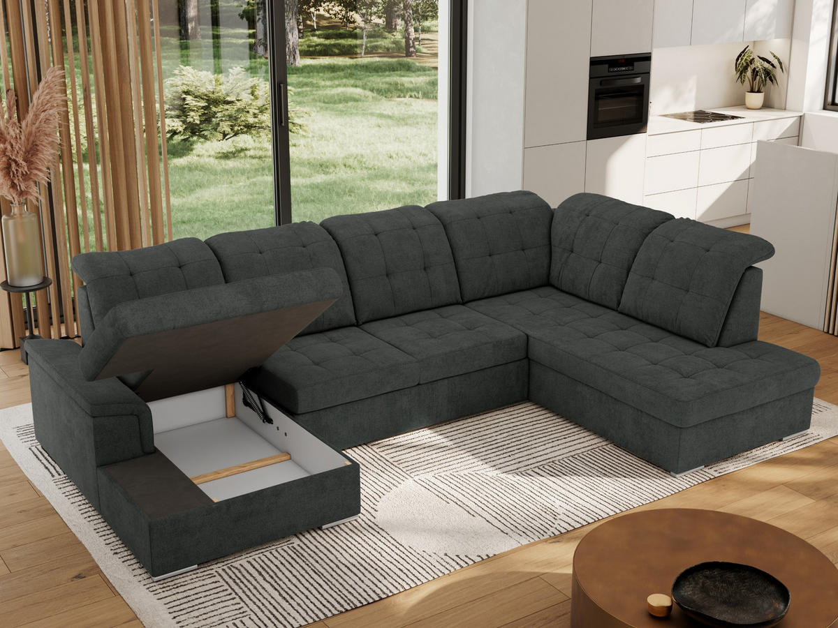 WOHNLANDSCHAFT MADRITO U - Dunkelgrau Struktur - Rechts - Dunkelgrau/Silberfarben, Textil/Metall (323/89/204cm) - MKS