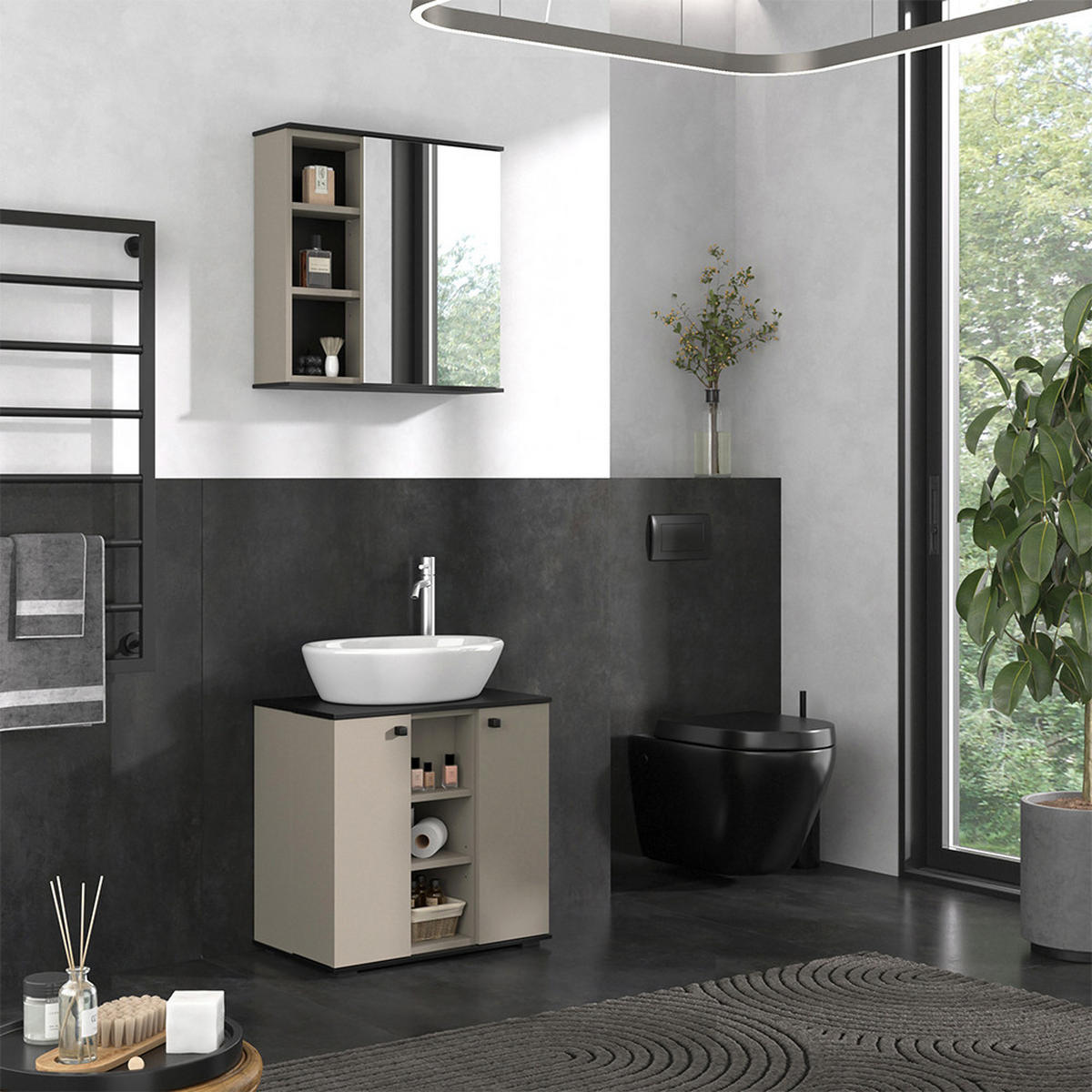 BADSPIEGELSCHRANK Joli Greige 60 x 60 cm mit Spiegel - Greige/Schwarz, Holzwerkstoff (60/60/17.4cm) - Vicco
