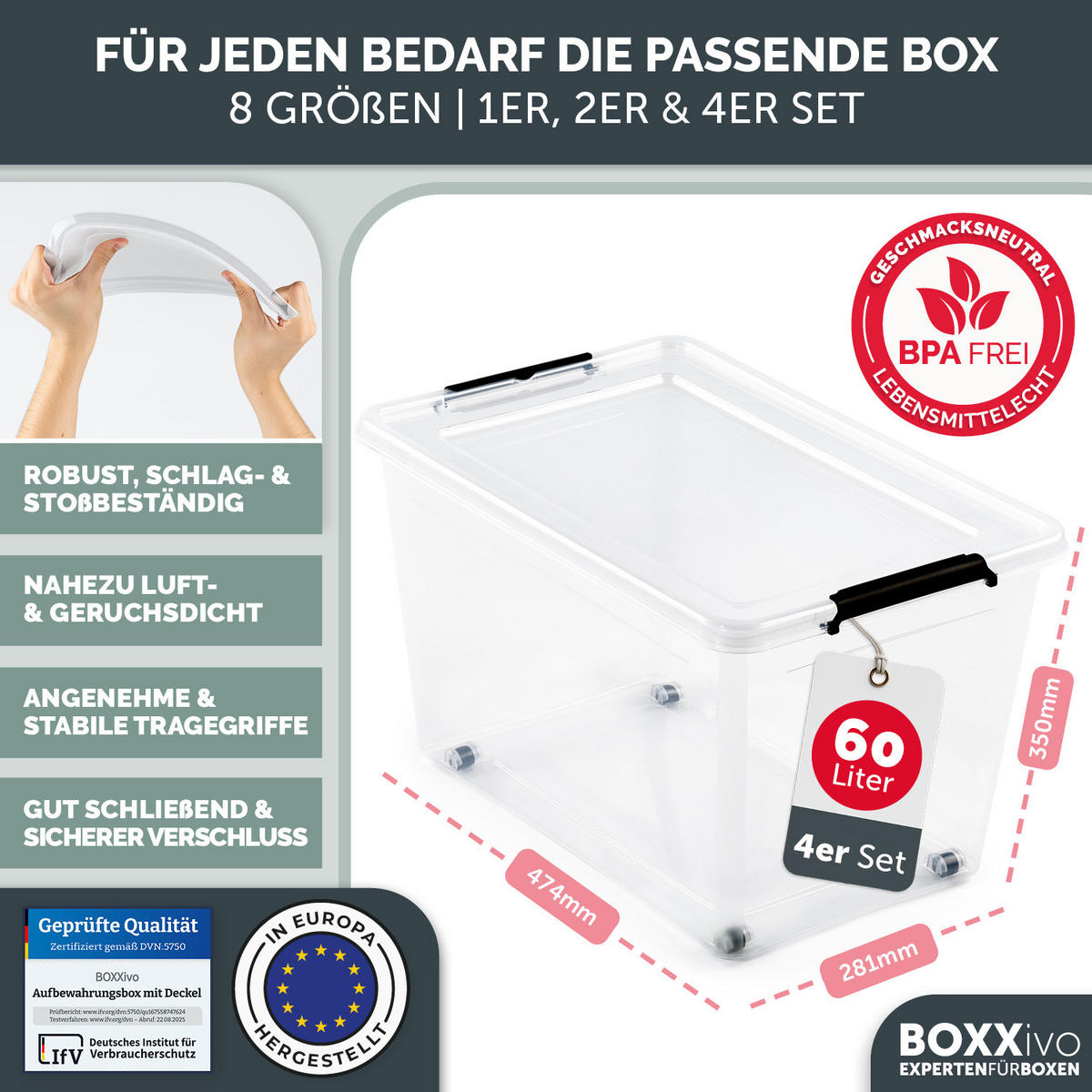 AUFBEWAHRUNGSBOX mit Deckel 80l - 1er Set - Transparent, Kunststoff (39/43/58cm) - BOXXivo