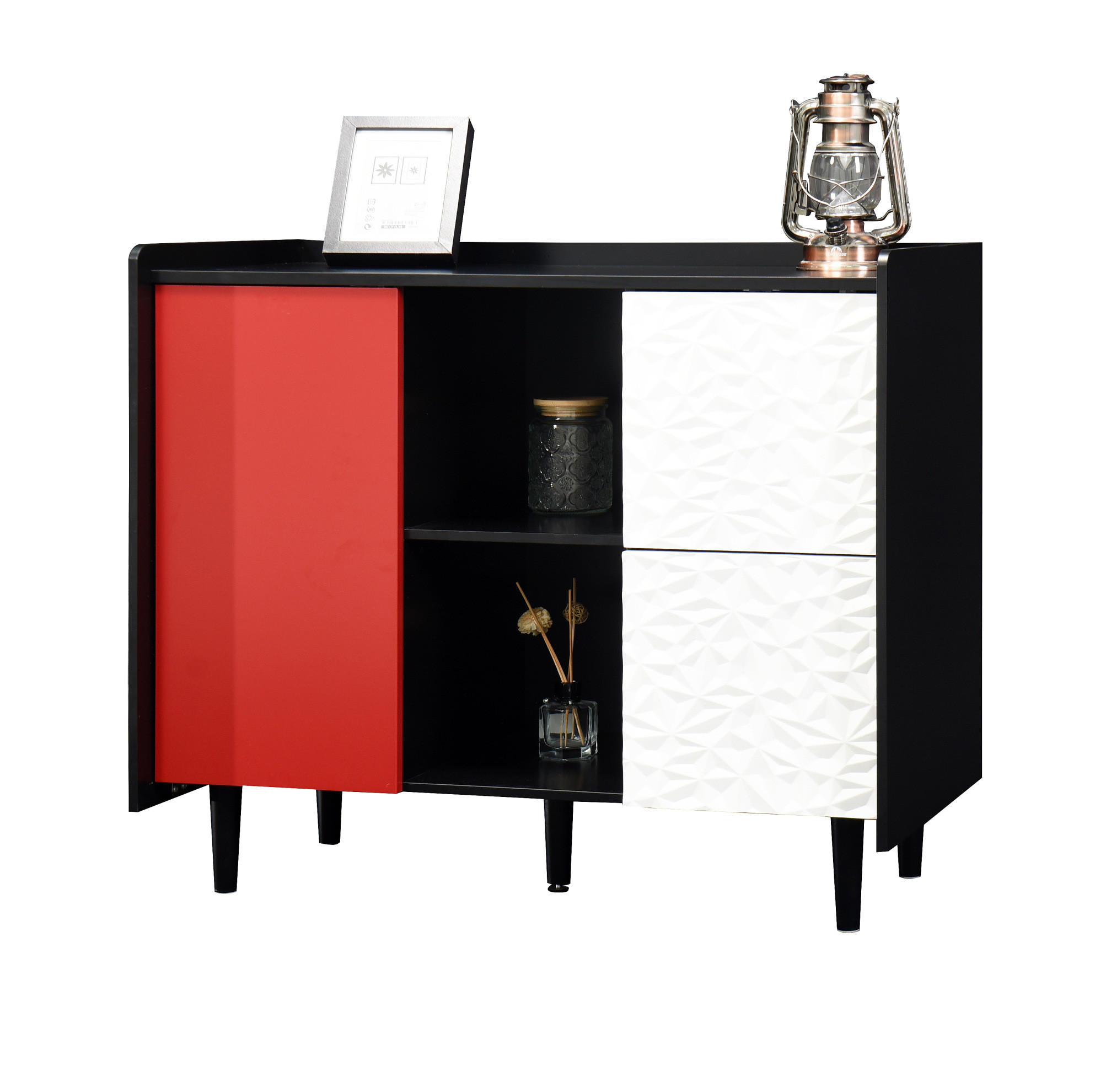 SIDEBOARD 90/40/80 cm, 2 Schubladen, offenes Fach und Tür, MDF Schwarz/Rot, Schwarz/Rot - Rot, Holzwerkstoff (90/80/40cm) - Redom