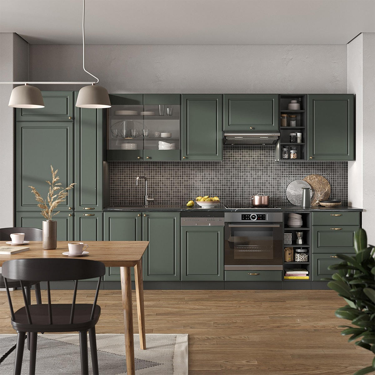 KUHINJSKI BLOK Fame-Line Zeleno-zlato Country House/Anthracite 355 cm , DP Antracit - zelena/antracit, leseni material (355/206.8/60cm) - Vicco