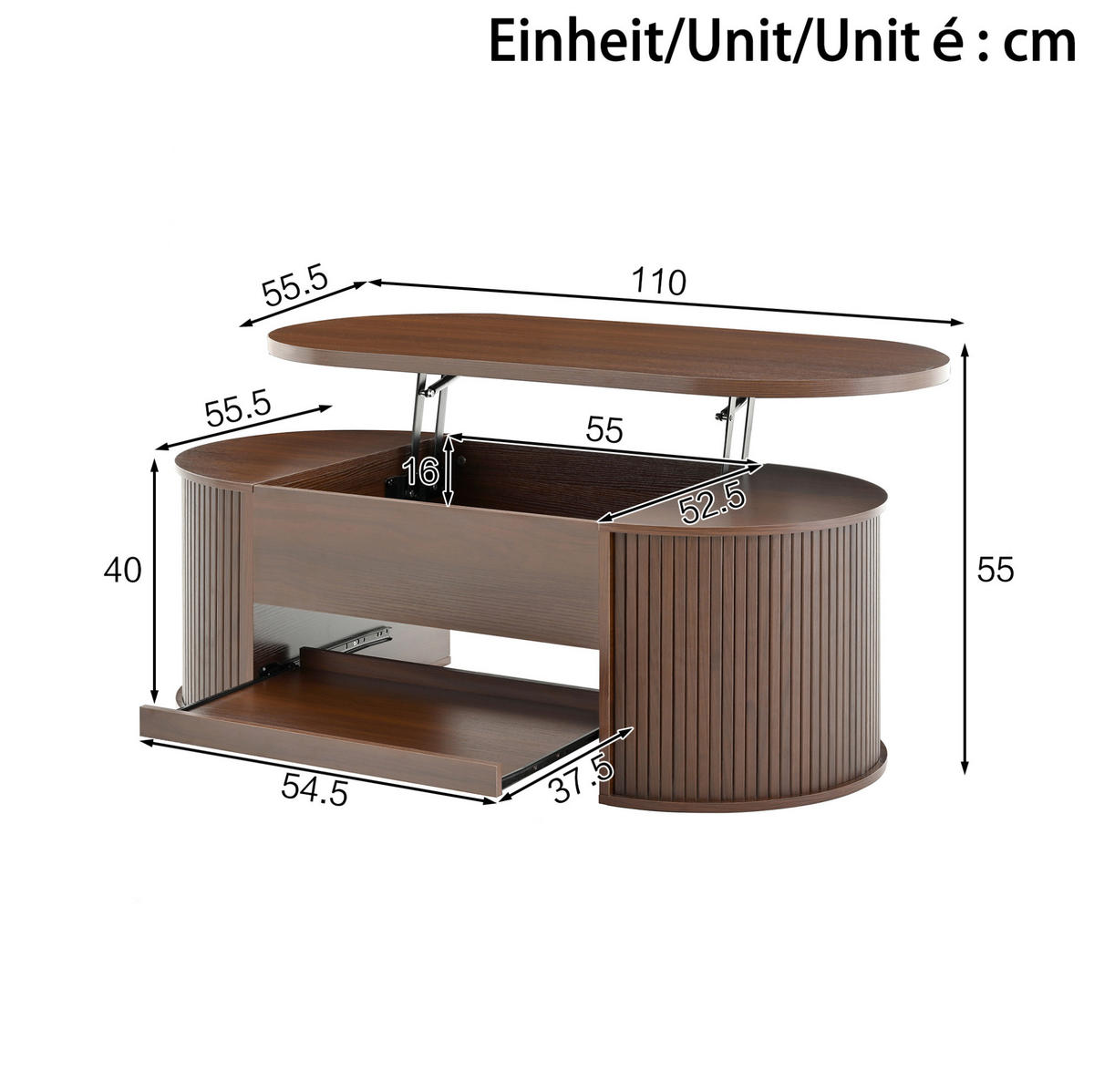 COUCHTISCH 110/55.5/40 cm in Natural Walnut aus MDF mit höhenverstellbarer Tischplatte - Naturfarben, Holzwerkstoff (110/55.5/40cm) - OKMYHOME