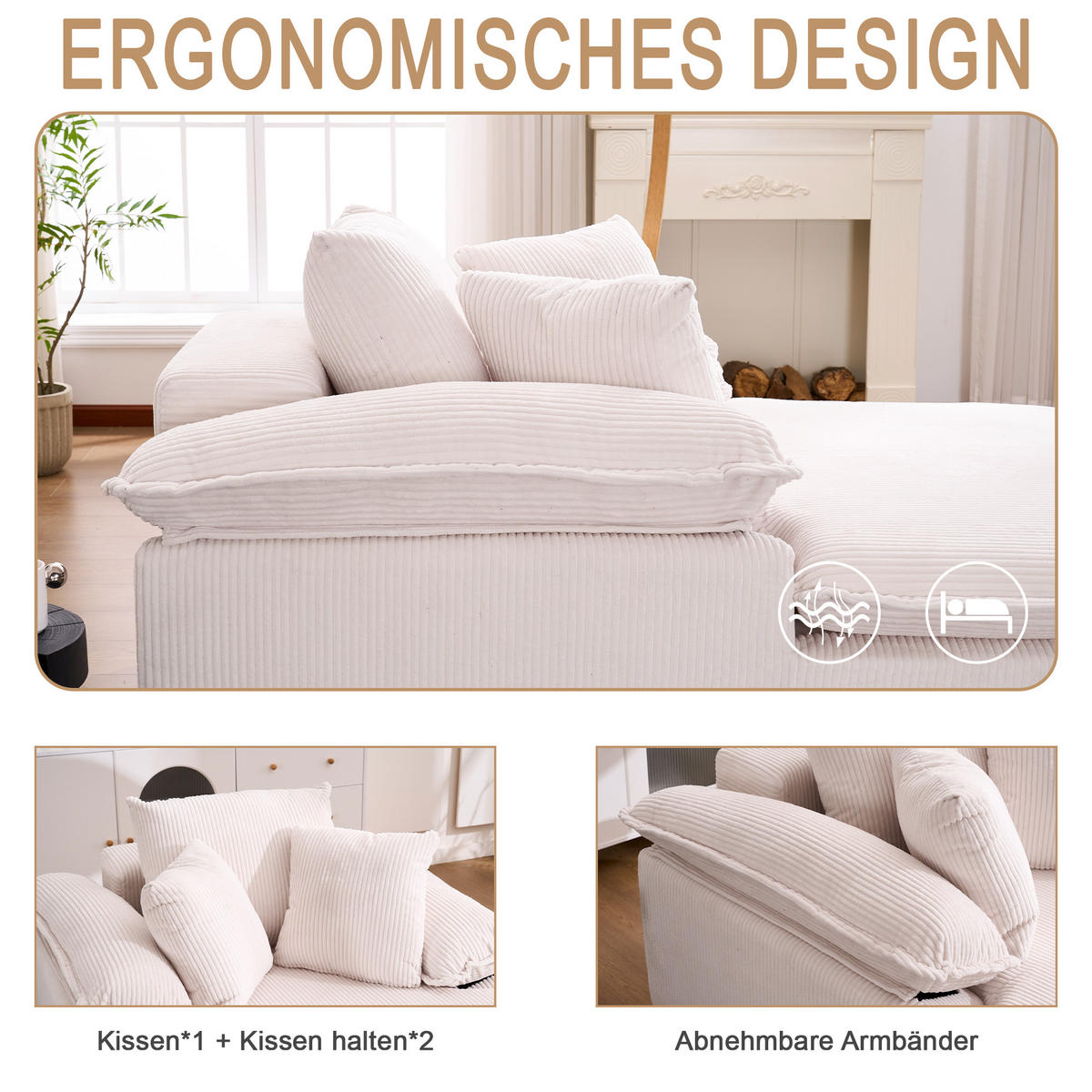 RELAXSOFA Cordstoff mit breiten Armlehnen 177/122/92 cm Weiß - Weiß, Textil (122/92/177cm) - Redom