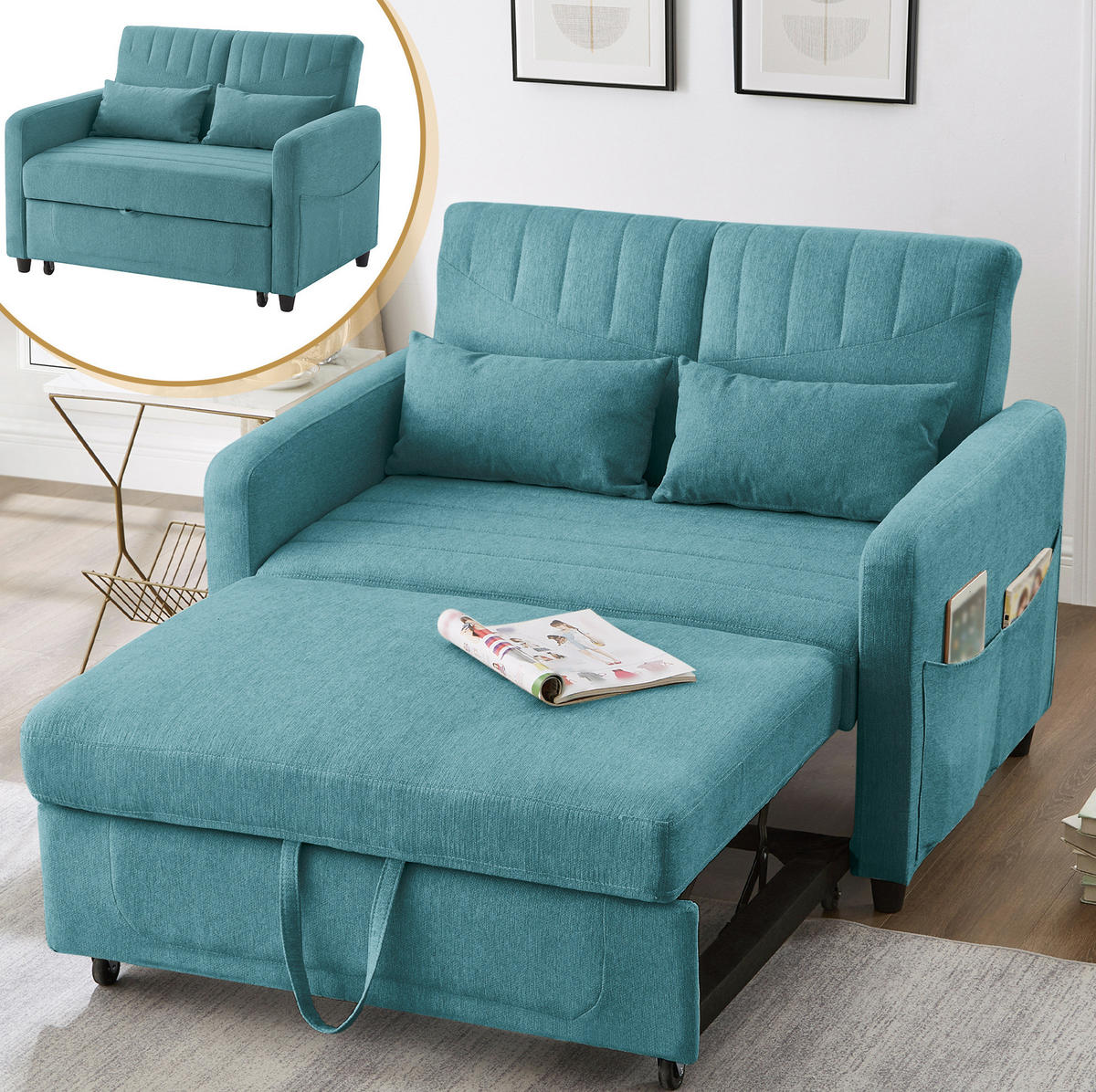 SOFABETT mit Schlaffunktion 166 x 95 cm Baumwoll-Leinen - Blau, Metall (77/82.5/114cm) - Meubliv