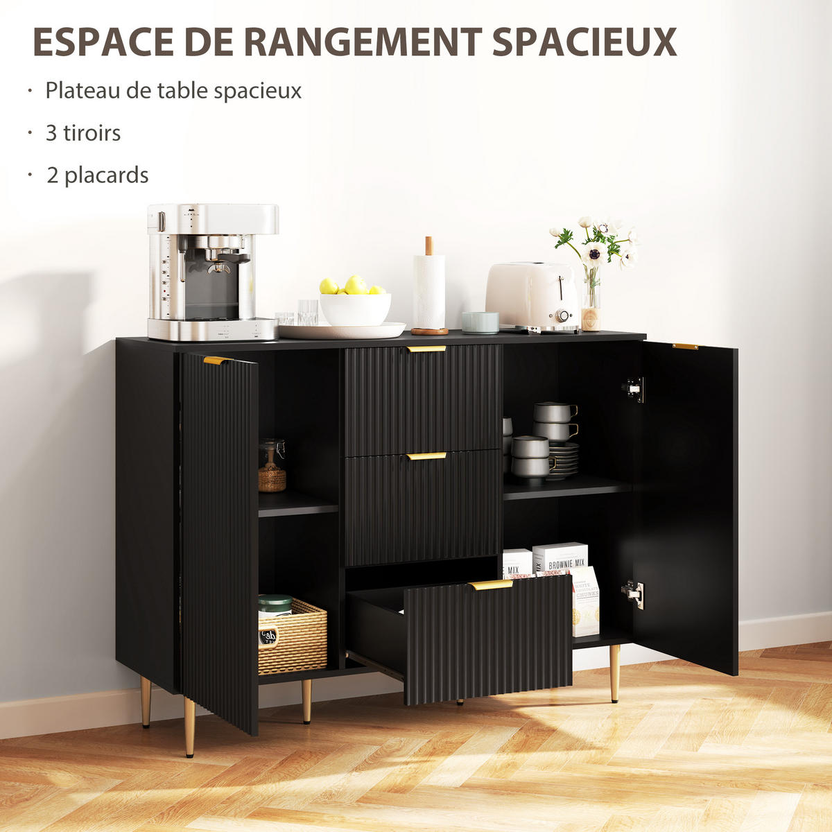 SIDEBOARD DE-11216 3 Schubladen Schwarz - Schwarz, Holzwerkstoff (120/89.5/40cm) - ComfortXL