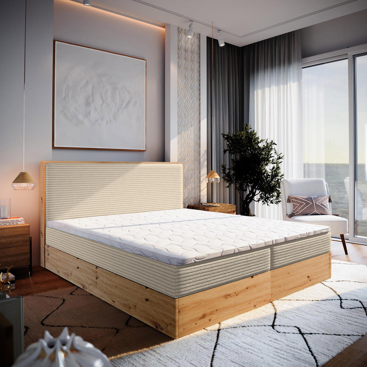 POSTEL BOXSPRING VERDON 160x200 cm, s matrací a úložným prostorem, krémová - krémová, kompozitní dřevo/textil (160/200cm) - MASSENO