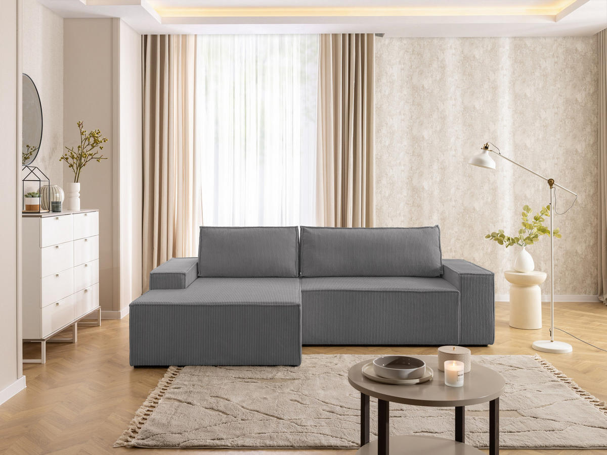 ECKSOFA Rivio mit Schlaffunktion und Bettkasten, Cordstoff Grau - Schwarz/Grau, Holz/Kunststoff (149/262cm) - S-Style