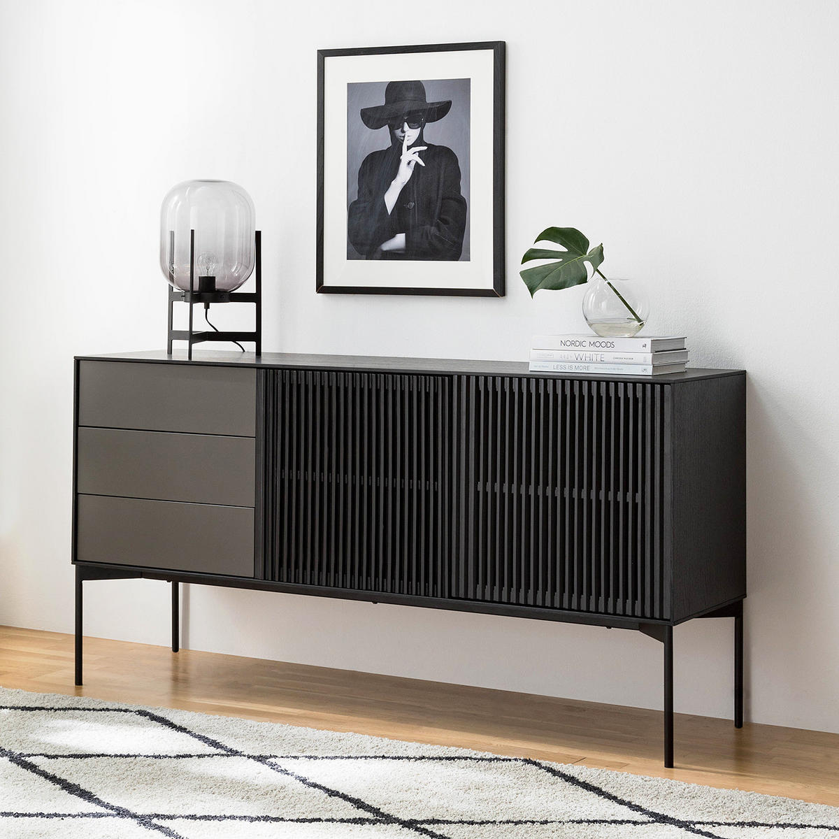 SIDEBOARD - Echtholzfurnier - Eiche Schwarz - Eichefarben/Schwarz, Holz/Holzwerkstoff (160/82/45cm) - home24