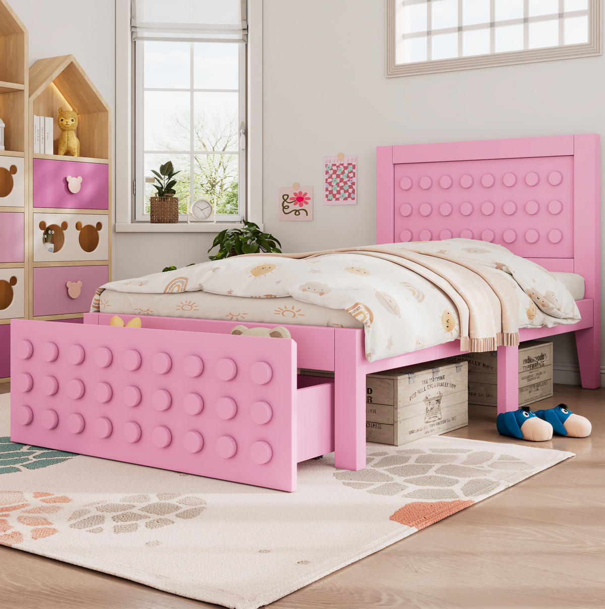 KINDERBETT, 1 Stauraumschublade, Block-Design, 90x200cm, Rosa - Rosa, Holz (90/200cm) - OKWISH