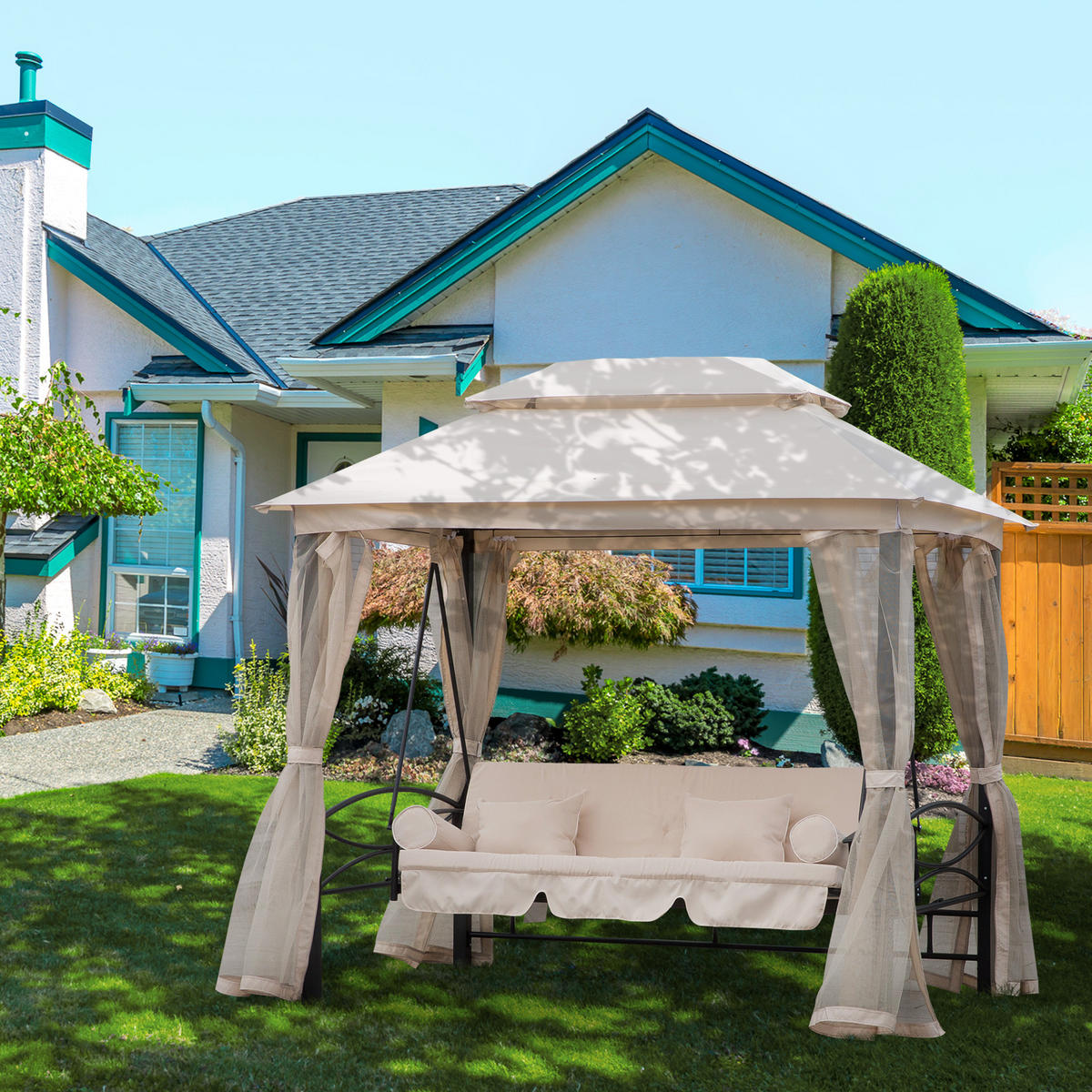 3-SITZER Hollywoodschaukel Gartenschaukel Pavillon Seitenwände Liegefunktion - Beige, Metall (172/248/256cm) - Outsunny