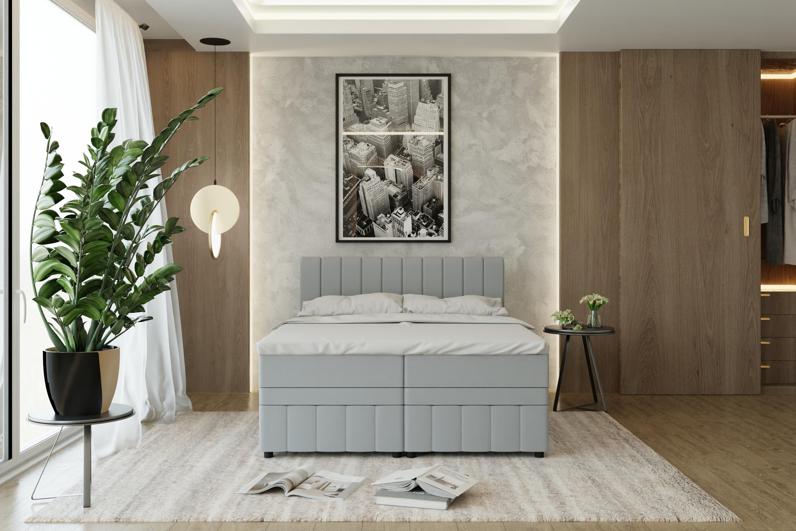 BOXBETT AVALON 160 x 200 cm mit Bettkasten und Topper - Hellgrau - Hellgrau, Holz - Panda Möbel