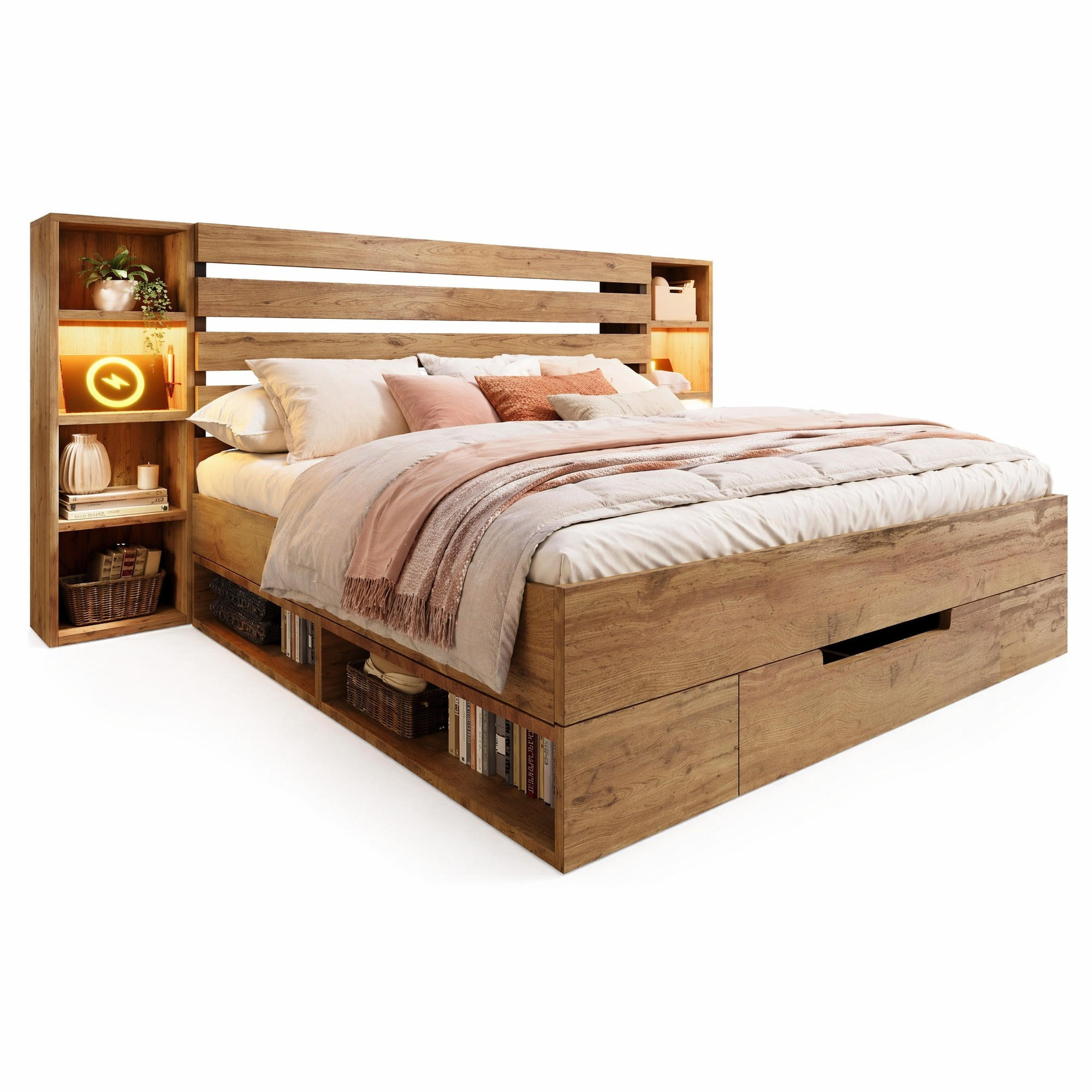 BETT 180/200 cm in Eiche mit LED, USB, Type-C und 2 Schubladen - Eichefarben, Holz/Holzwerkstoff (180/200cm) - CHICFURN
