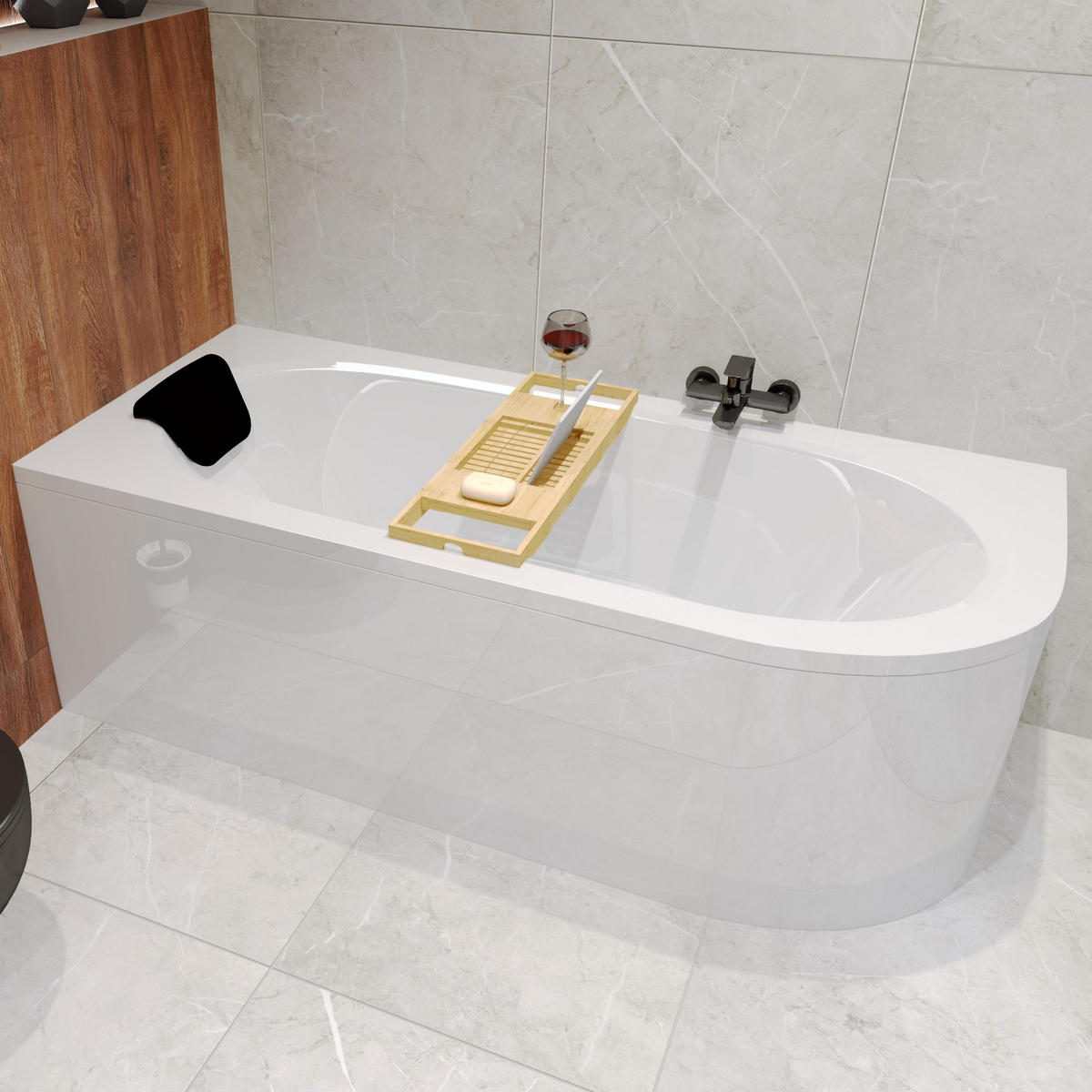 BADEWANNE Eckwanne AVITA 150/75 Links + Styro + Kopfstütze Ablauf Füße - Weiß, Kunststoff (75/55.5/150cm) - bad land
