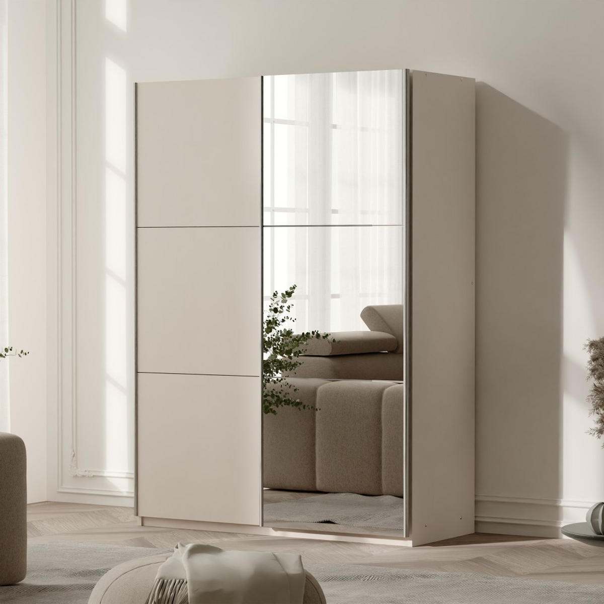SCHWEBETÜRENSCHRANK Visto mit 2 Türen und Spiegel, 120 cm, Sandbeige - Sandfarben, Holzwerkstoff (120/215/65cm) - Beautysofa