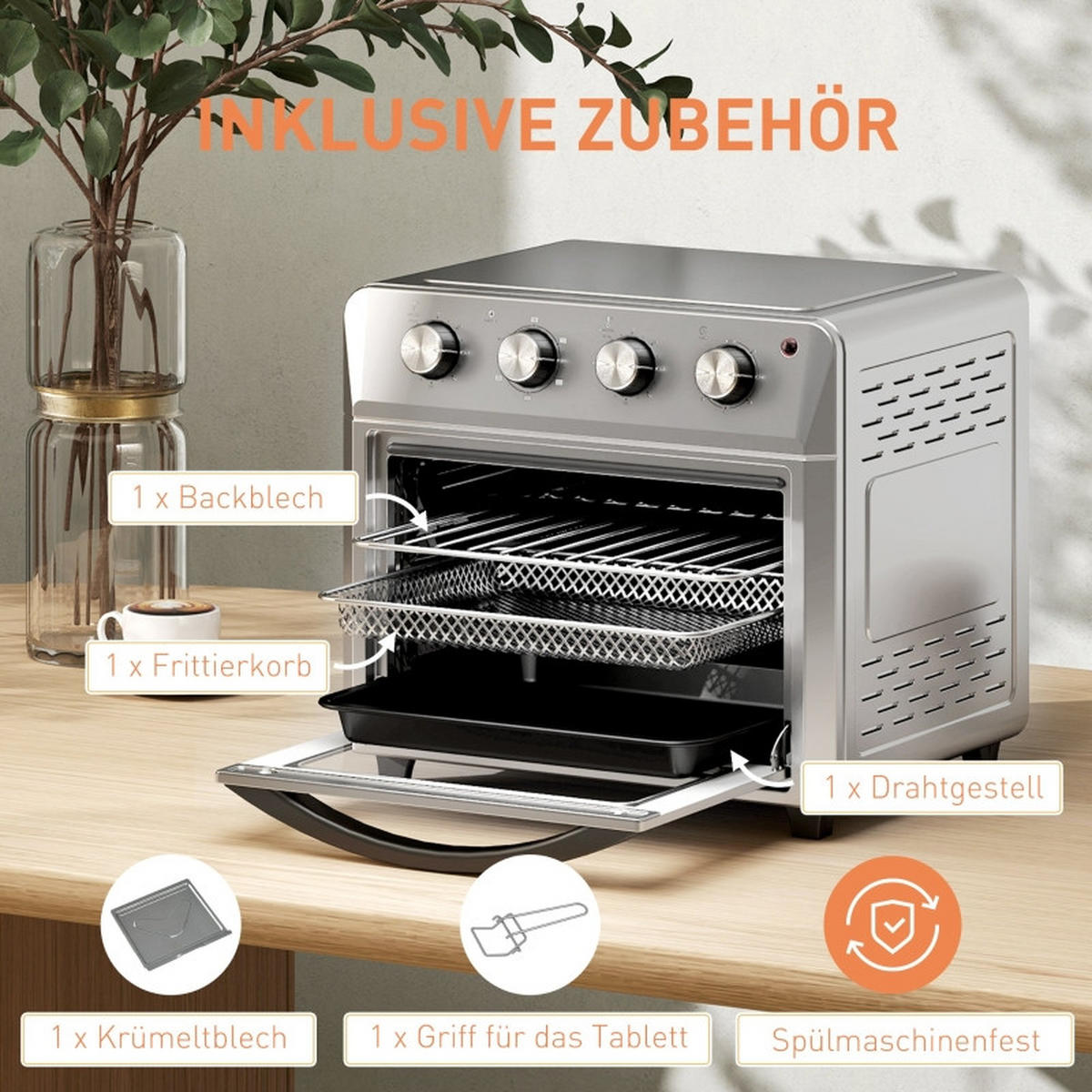 MINIBACKOFEN 24L mit Umluft, 6 Heizmodi Mini Ofen mit Backblech & Grillrost, Heißluftfritteuse Funktion, Silber - Silberfarben, Metall (40.6/36.8/39cm) - Beaface