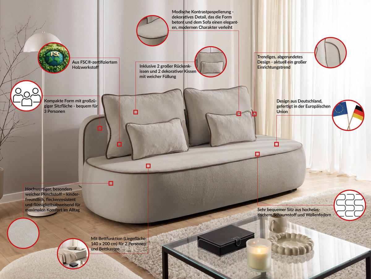 KINDERSOFA Vero im modernen und abgerundeten Design mit Schlaffunktion und Bettkasten aus Taupe Plüschstoff mit brauner Paspel - Taupe/Schwarz, Holz/Kunststoff (210/90/98cm) - S-Style Möbel