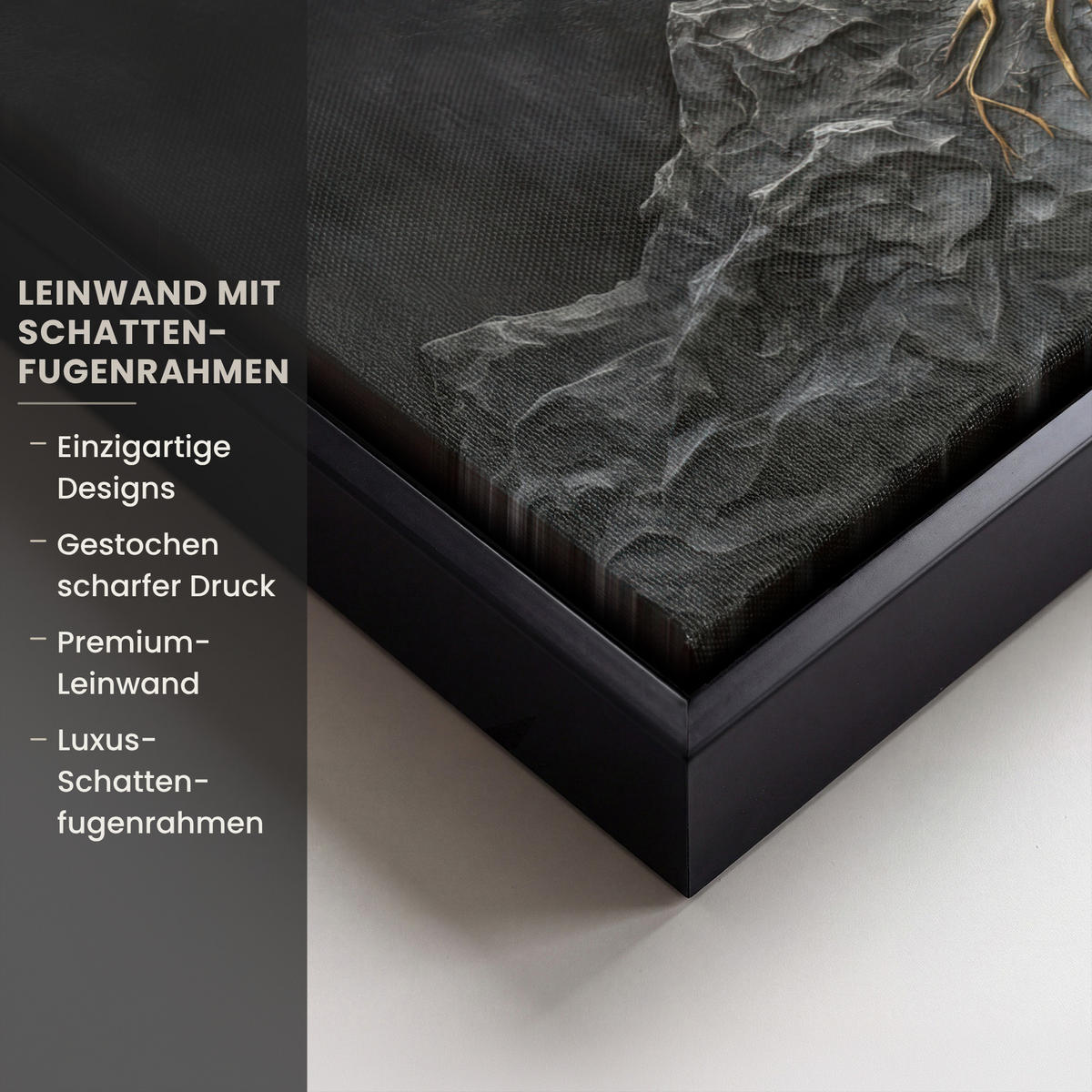 LEINWAND Bilder mit Rahmen - Blätter - Gold - Baum - Fels - 40x30 - Schwarz, Textil (40/30cm) - MuchoWow