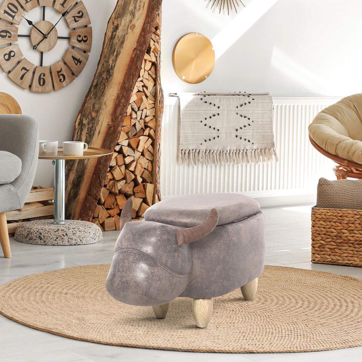 POUF DE-16365 mit Stauraum und Tierkopf-Design Braun - Braun, Textil (35/36/62cm) - ComfortXL