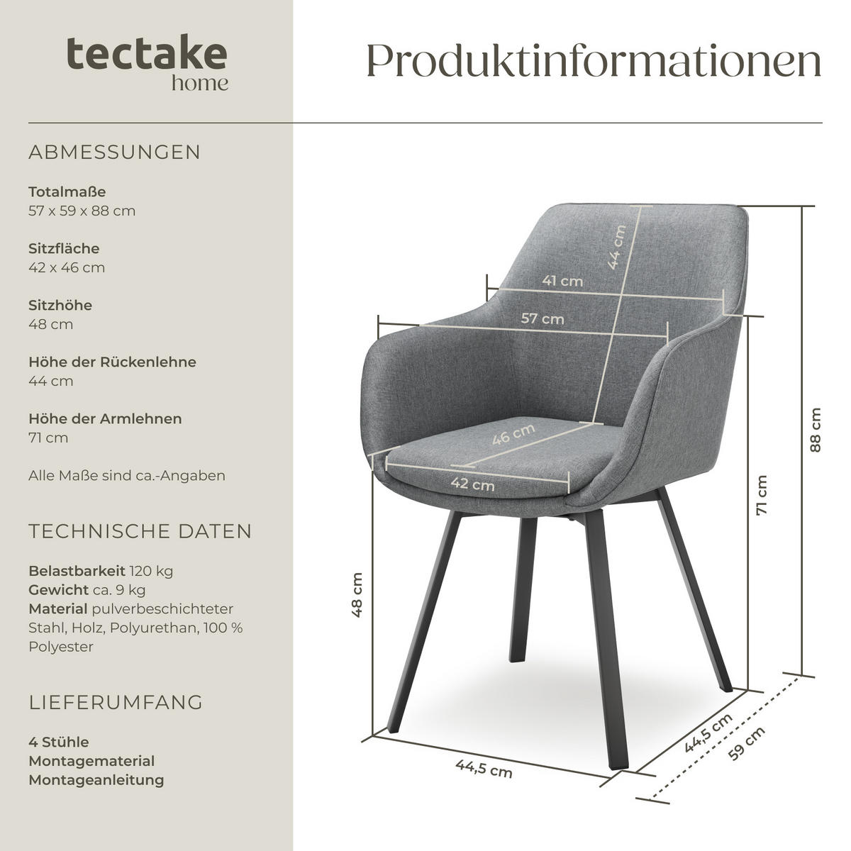 ARMLEHNSTUHL Drehbarer 4er Set Alicon 57 x 59 x 88 cm anthrazit - Anthrazit, Textil (57/88/59cm) - tectake