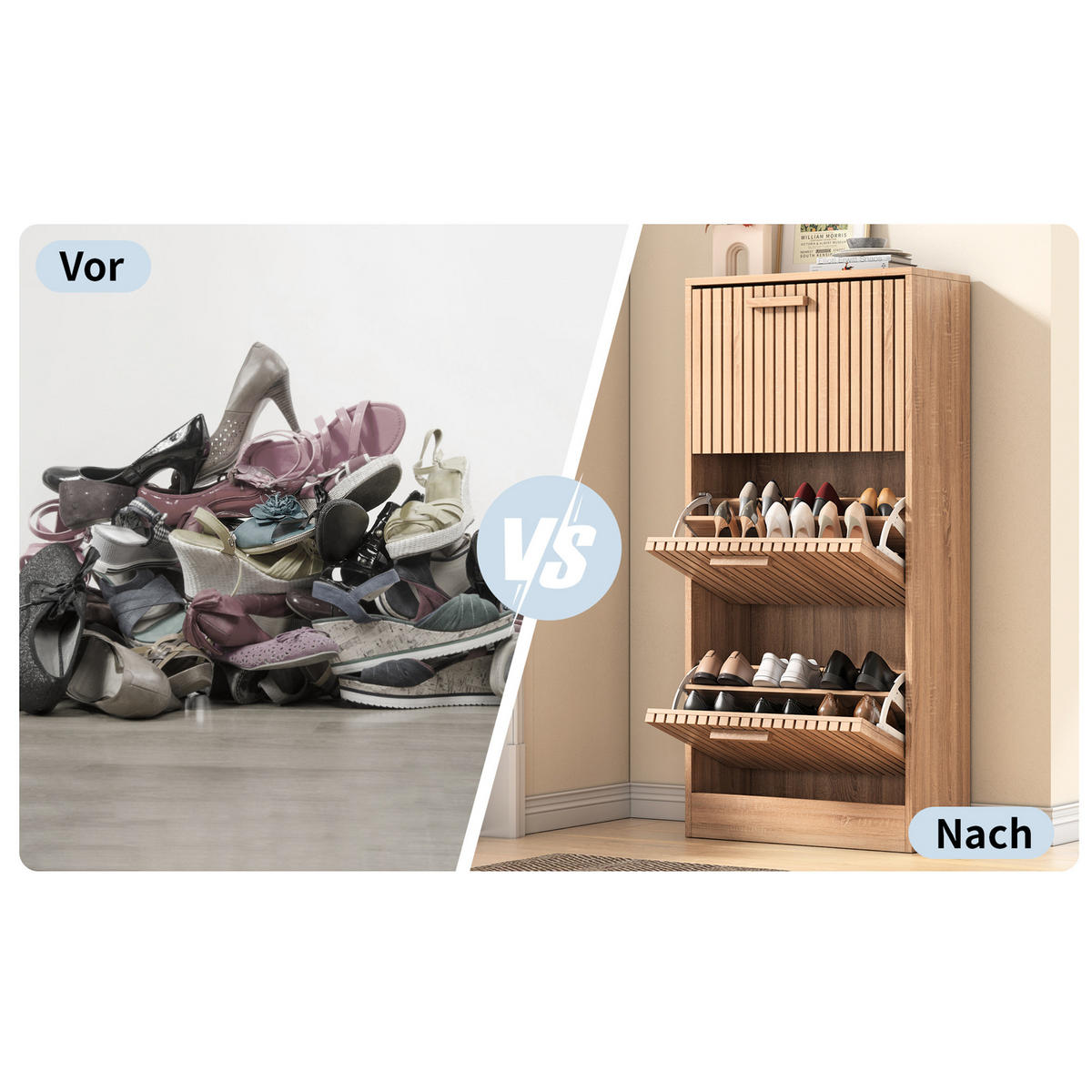 RATTAN-SCHUHSCHRANK mit 3 Türen, staub- und schmutzabweisend, Flurmöbel, 60 x 24 x 113 cm - Hellbraun, Holzwerkstoff/Metall (24/113/60cm) - GENKI LIVING