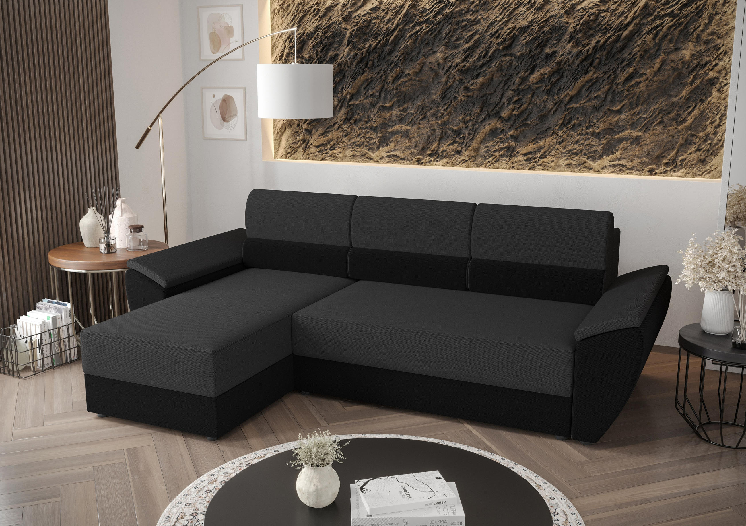 ECKSOFA L REBI L2 Rainbow 27/15 Links mit Schlaffunktion, Grau/Schwarz, L-Form - Schwarz/Grau, Textil (251/140cm)