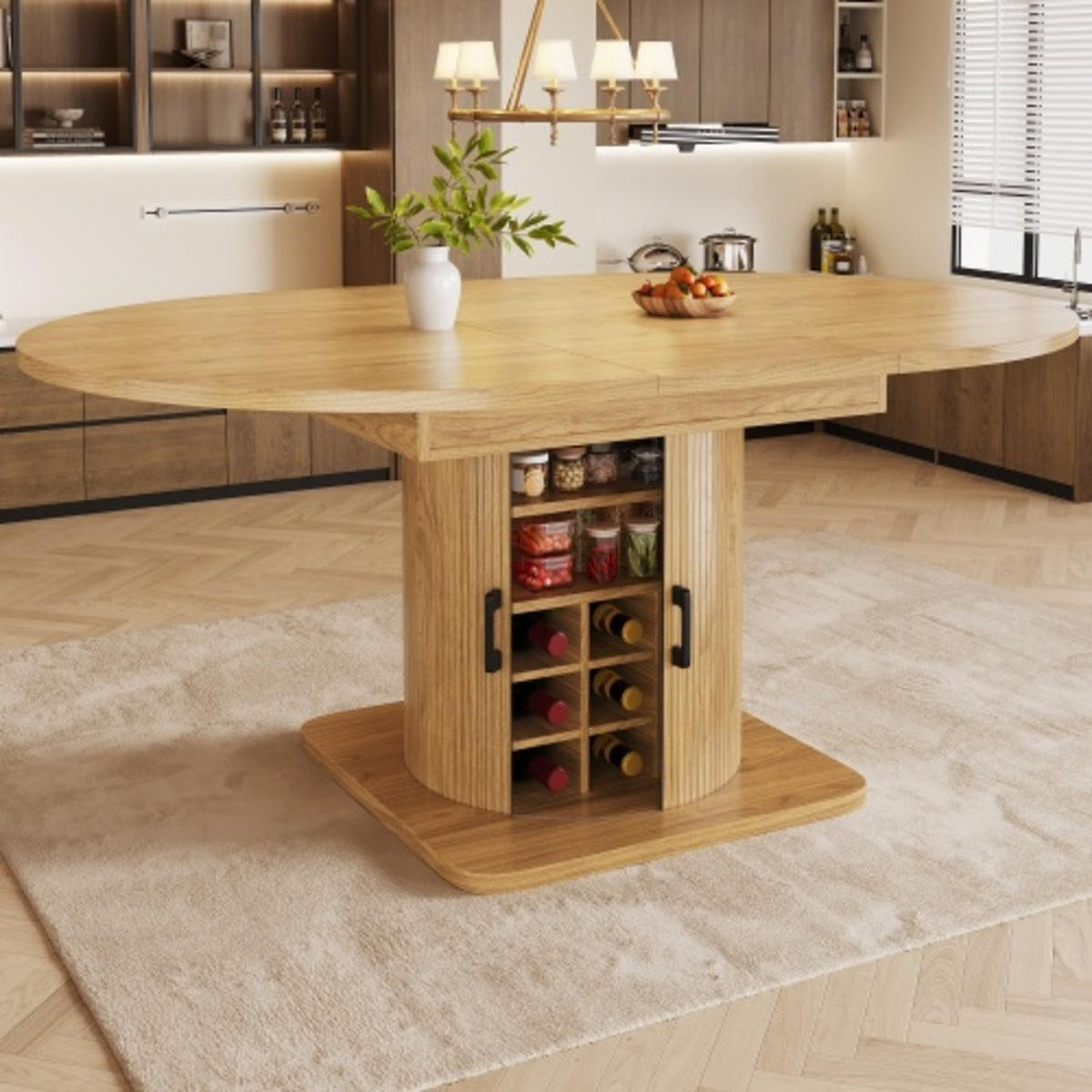 ESSTISCH Ausziehbarer 118-158×118×76 cm aus MDF und Metall mit integriertem Stauraum, naturfarben - Naturfarben, Holzwerkstoff (158/118/76cm) - Luhomfu