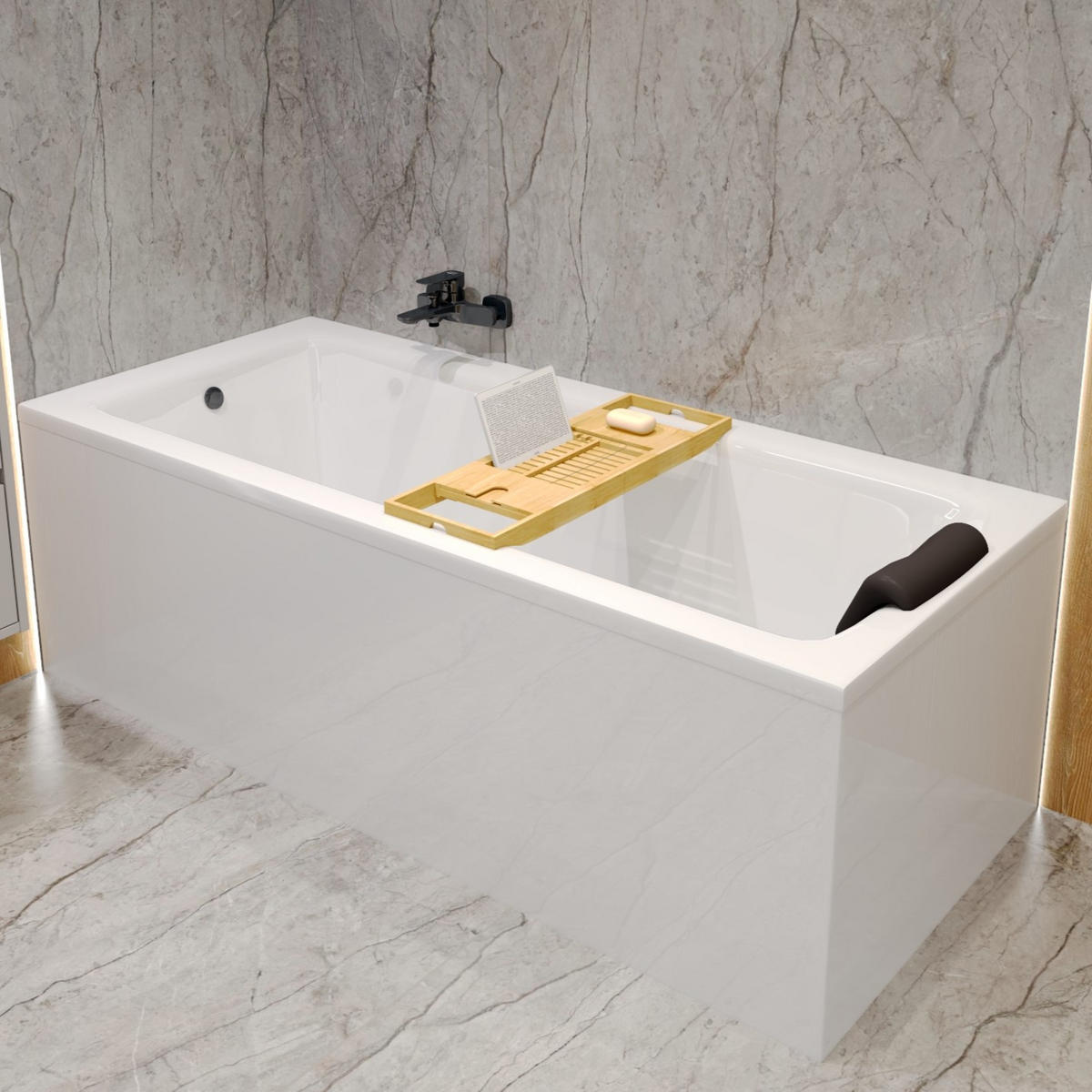 BADEWANNE Rechteck TALIA 150/70 + Styro + Ablage + Kopfstütze Ablauf Füße - Weiß, Kunststoff (70/55.5/150cm) - bad land
