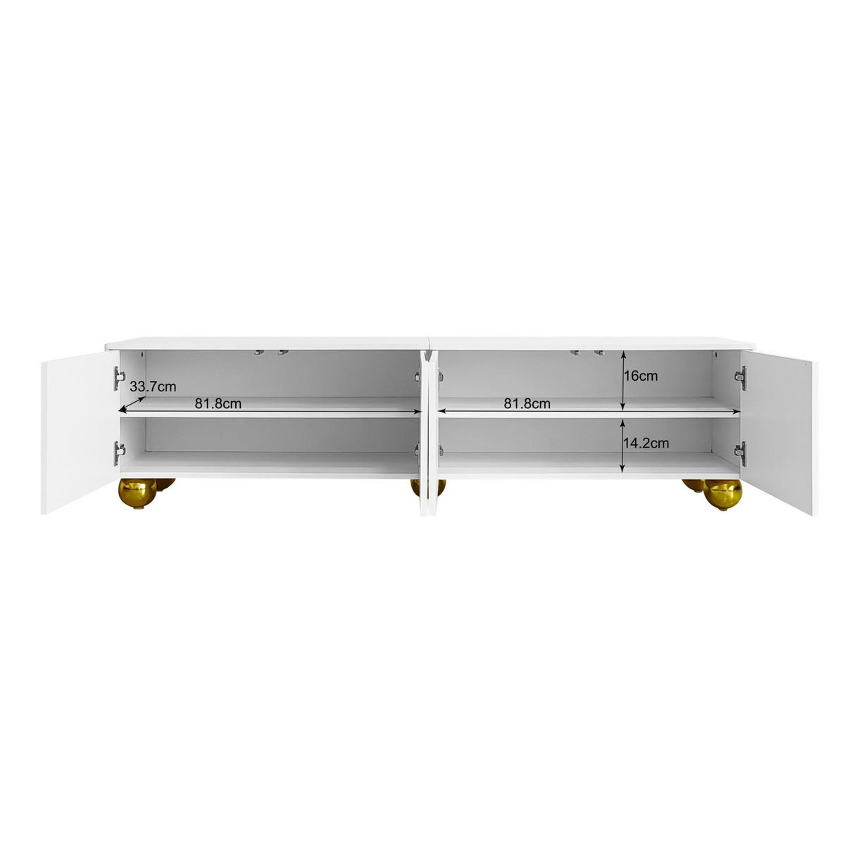 TV-LOWBOARD aus Spanplatte 170x38x44 cm Weiß mit 4 Türen, Push-to-Open und goldfarbenen Beinen - Weiß, Holzwerkstoff (170/44/38cm) - Modfu