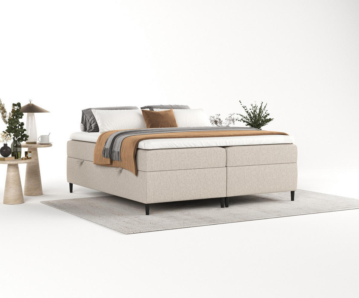 BOXBETT Theo 160/200 cm Hellbeige im Megan Stoff - Sandfarben/Schwarz, Holz/Holzwerkstoff (160/200cm) - AltaBeds