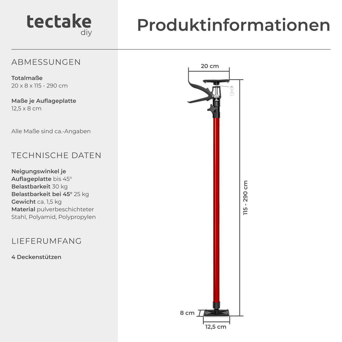TELESKOPSTÜTZEN 4er Set, mit Schnellspannsystem, rot - Rot, Textil - tectake