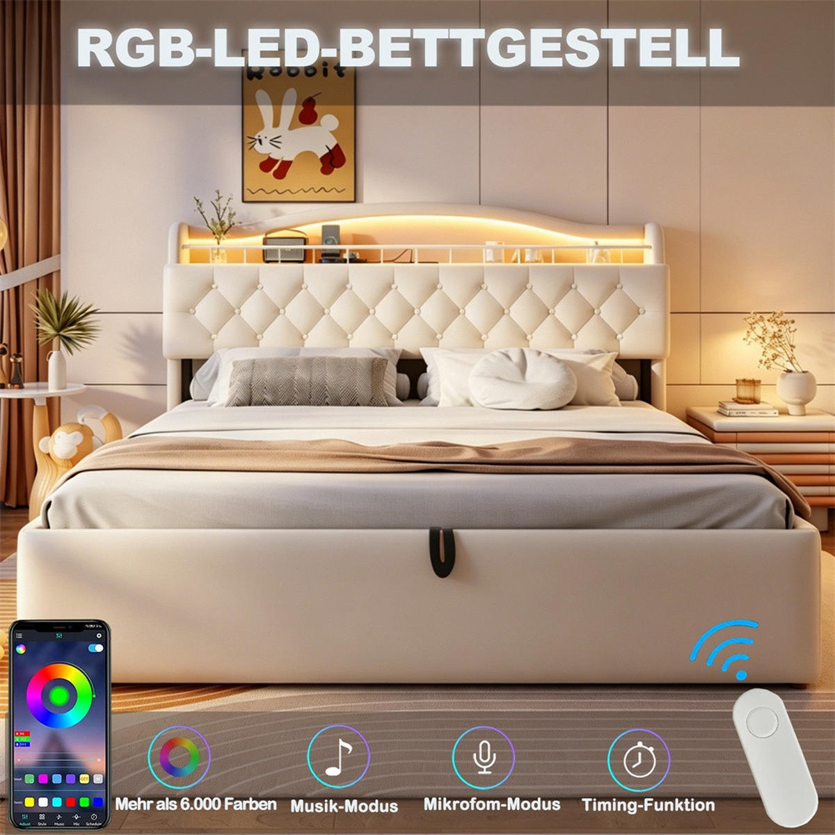 POLSTERBETT 140x200 cm mit hydraulischem Stauraum - LED Beleuchtung & Ladestation - Beige - Ohne Matratze - Beige, Textil (140/200cm) - DELFA
