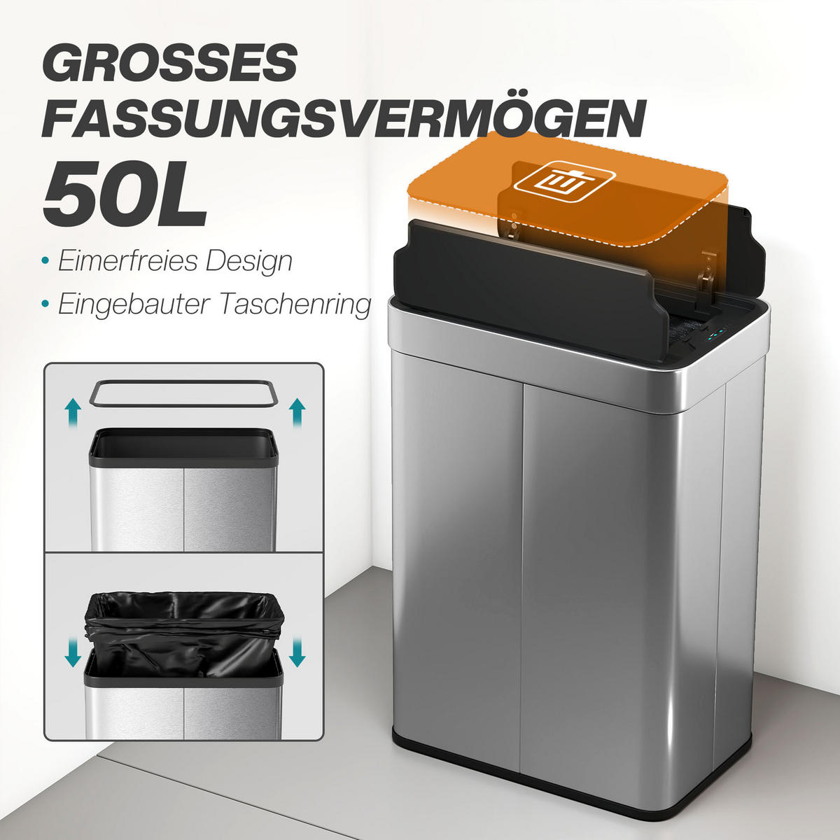 SENSOR Mülleimer 55L Abfalleimer mit Soft-Close-Schmetterlingsdeckel Edelstahl - Silberfarben, Metall (26.5/59/41cm) - HOMCOM