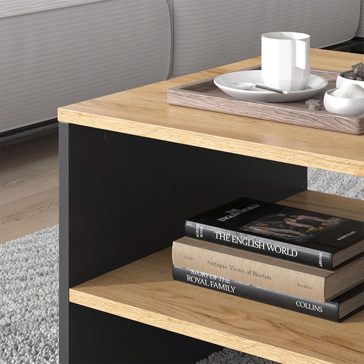 COUCHTISCH Amely Goldkraft Eiche/Anthrazit 90 x 55 cm mit Regal - Honigeiche/Anthrazit, Holzwerkstoff (55/90/40cm) - Vicco