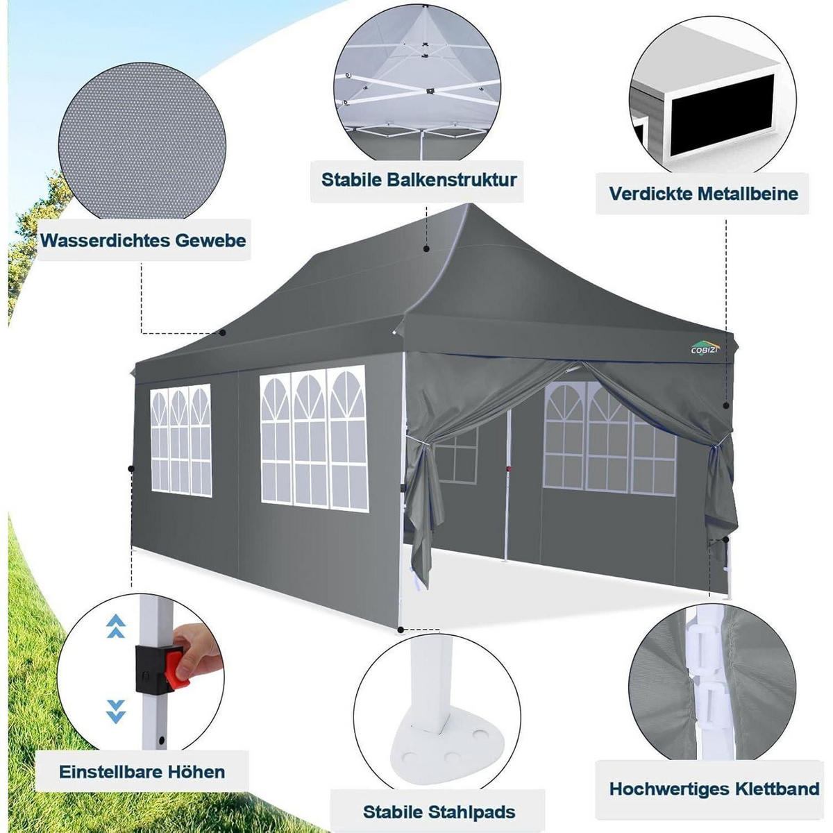 FALTPAVILLON 3 x 6 m Dunkelgrau Wasserdicht mit 6 Seitenteilen - Grau, Textil (300/300/600cm)