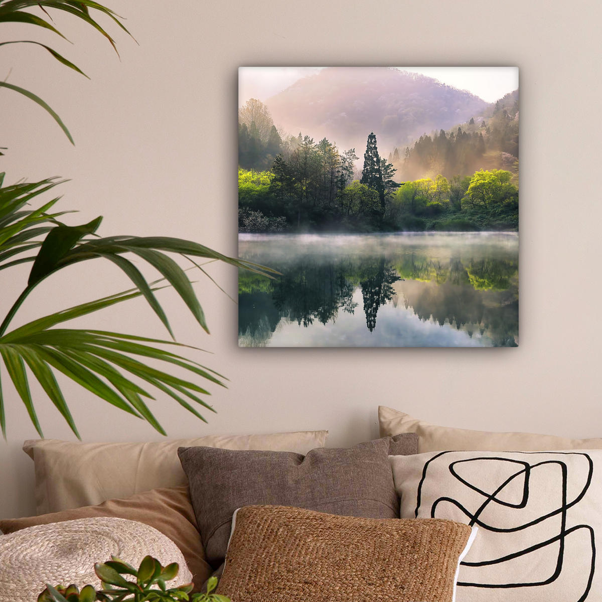 LEINWANDBILD Natur - Bäume - Berge - See - Wasser 50x50 cm - Hellgrün, Textil (50/50cm) - MuchoWow