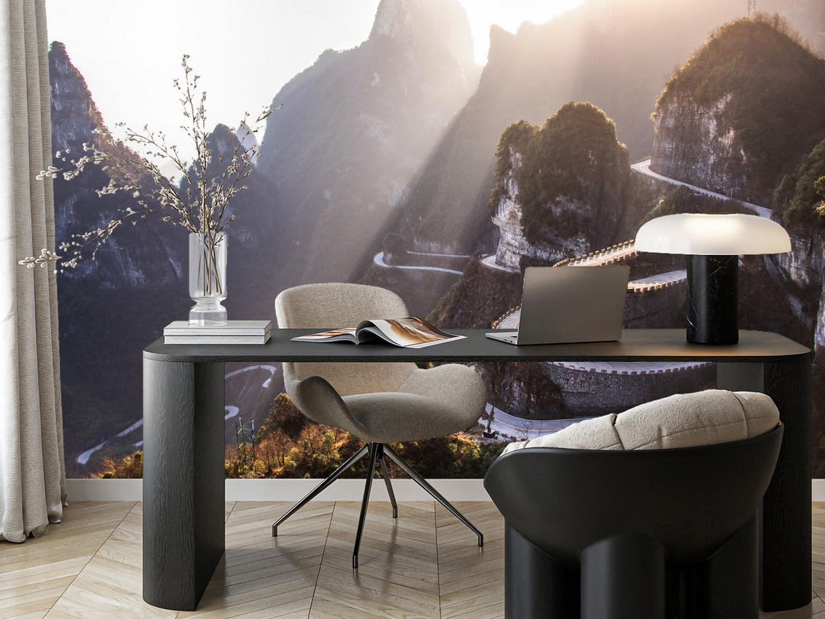 FOTOTAPETE für Wohnzimmer Felsige Bergstraße Sonnenuntergang 400x280 - Beige/Gelb, Papier (400/280cm) - Muralo