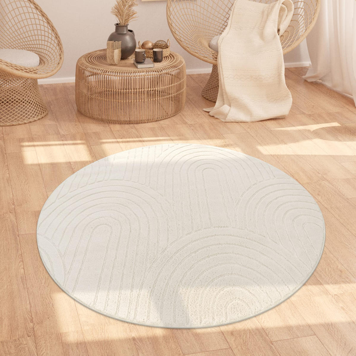 TEPPICH Kurzflor waschbar Struktur Wohnzimmer schmutzabweisend Creme Rund 160D - Beige, Textil (160/160cm) - KADIMA DESIGN