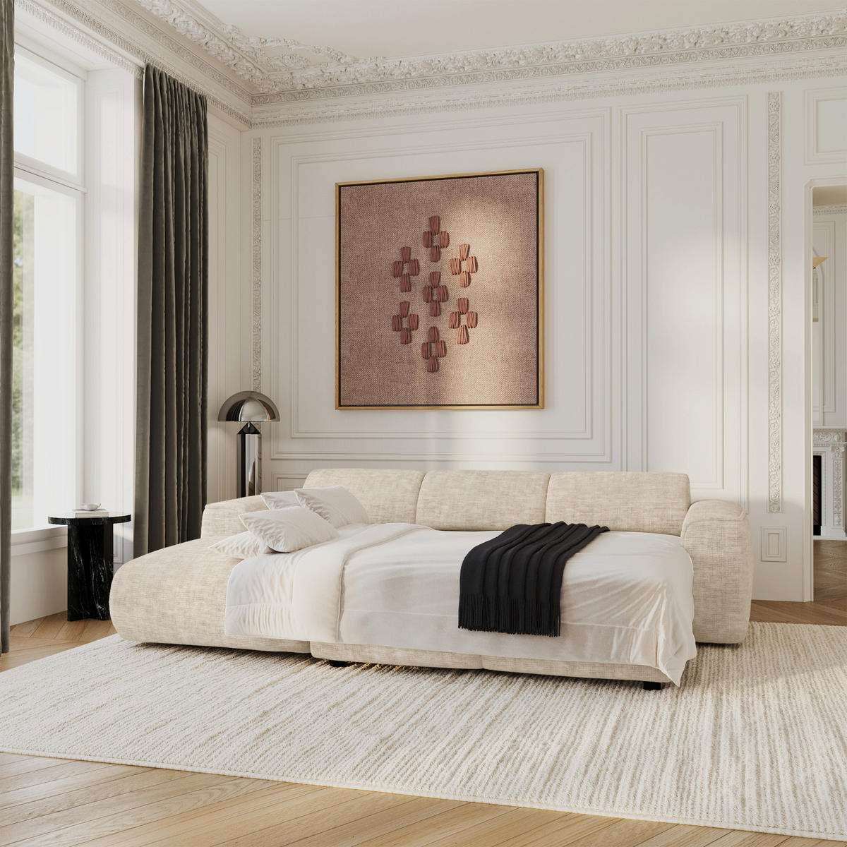 ECKSCHLAFSOFA Texturierter Samt Beige 283cm - Beige, Textil (283/180cm) - Sia Home