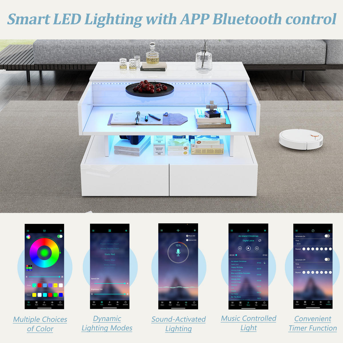COUCHTISCH aus Spanplatte 80x80x45 cm Weiß mit LED & Hubfunktion - Weiß, Holzwerkstoff (80/80/45cm) - Modfu