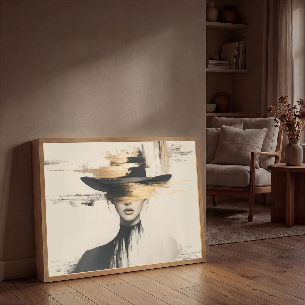 NÁSTĚNNÁ LAMPA S AKUMULÁTOREM Žena - klobouk - barva 100x70 cm - krémová, kompozitní dřevo (100/70/8cm) - OnlyWow