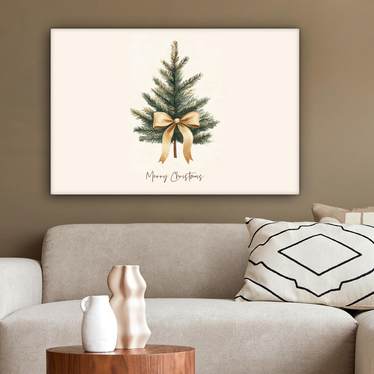 LEINWANDBILD Weihnachtsbaum - Weihnachten - Frohe Weihnachten - Beige Gemälde 60x40 cm - Sandfarben, Textil (60/40cm) - MuchoWow