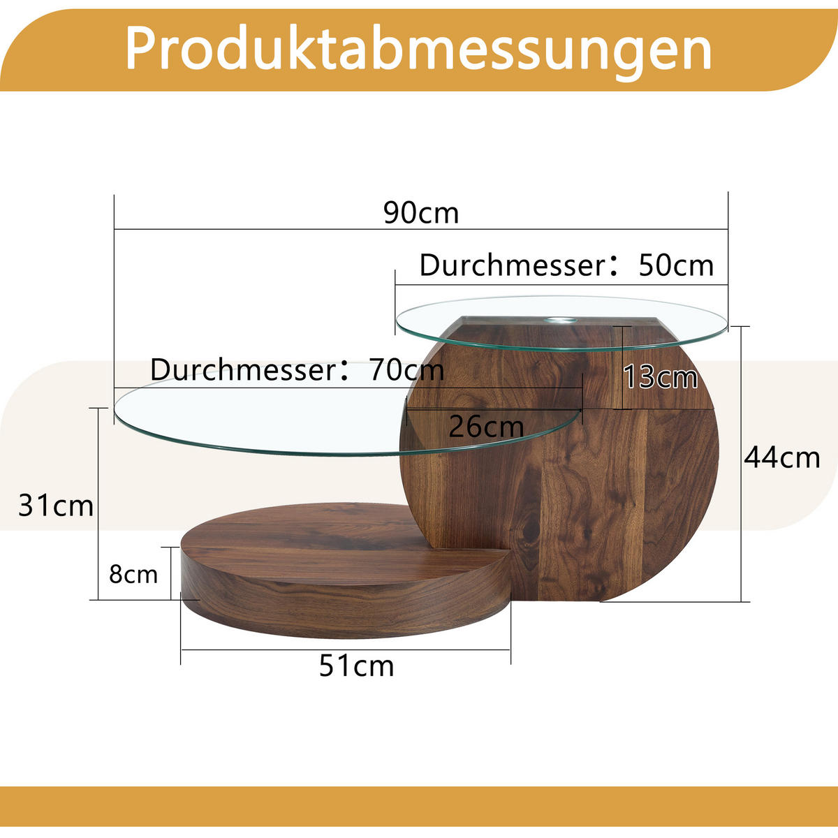 COUCHTISCH Ø 50/70 cm Transparent Nussbaum MDF Glas mit Ablagen - Walnussfarben, Holzwerkstoff (90/70/44cm) - OKWISH