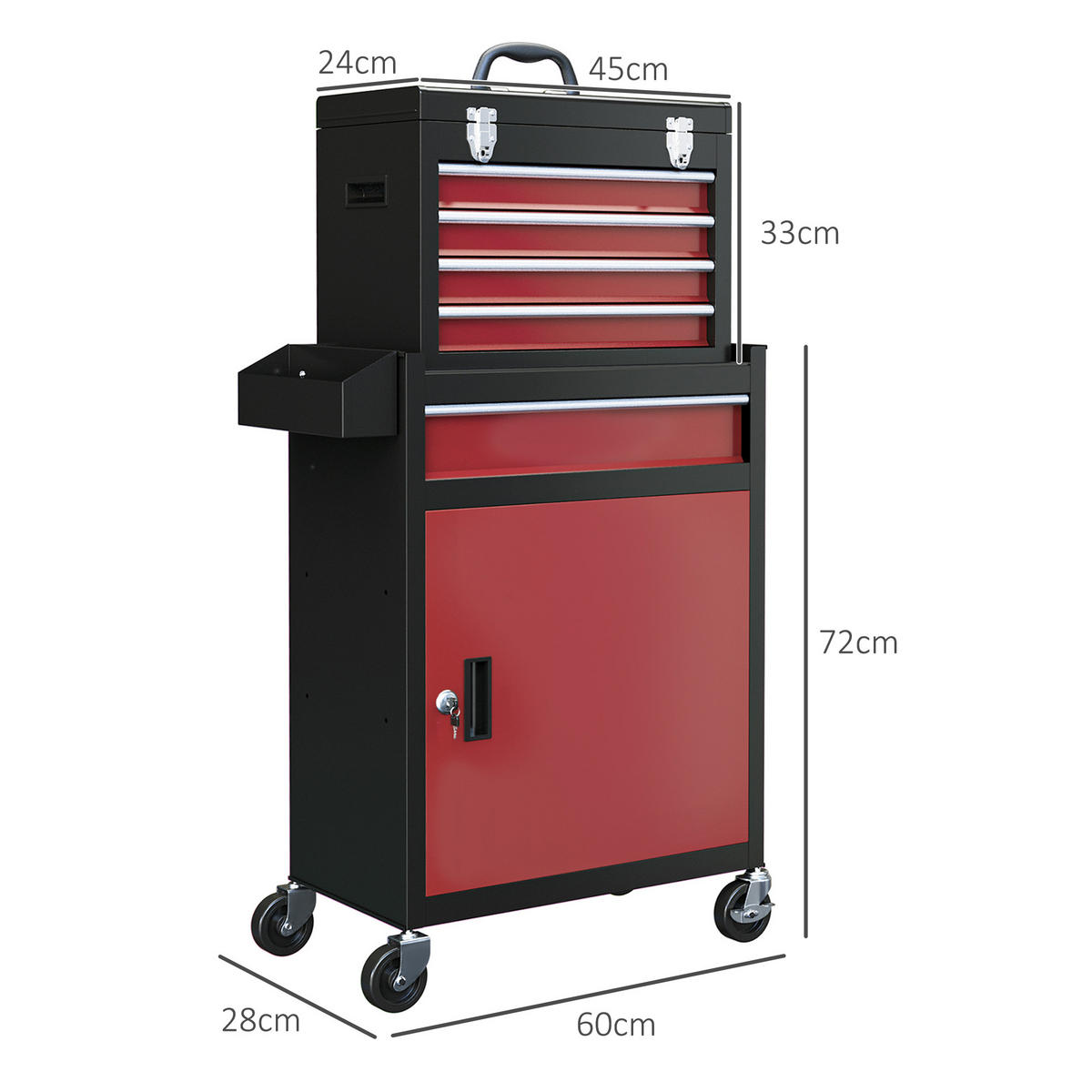 WERKSTATTWAGEN mit Rollen, mit 5 Schubladen, Max. Belastung 130kg, Schwarz+Rot - Rot, Metall (60/102/28cm) - HOMCOM