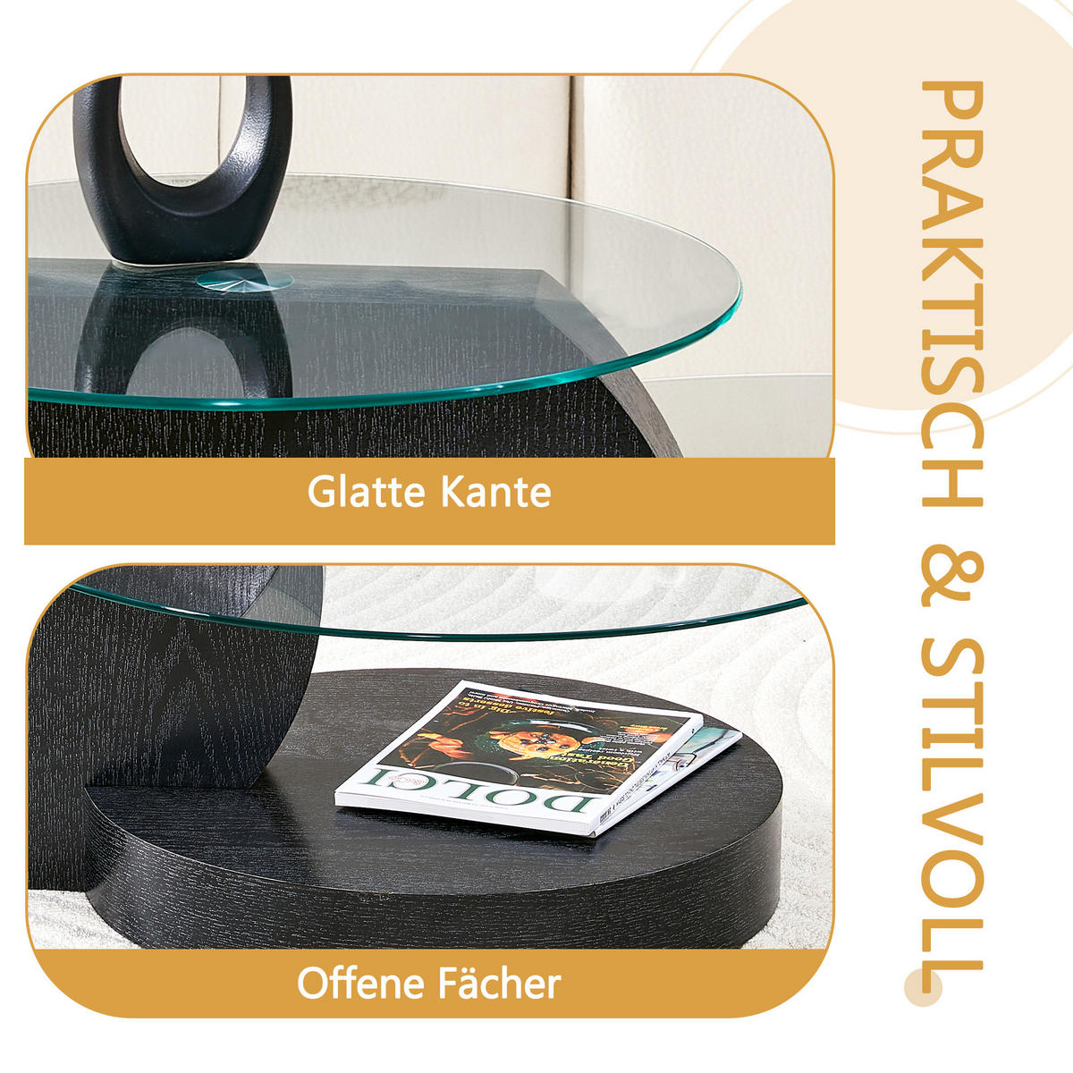 COUCHTISCH in Schwarz Wohnzimmertisch mit zwei Ebenen aus Sicherheitsglas für Wohnzimmer, B90/T70/H44 cm - Transparent/Schwarz, Glas/Holzwerkstoff (90/90/44cm) - STILVORA