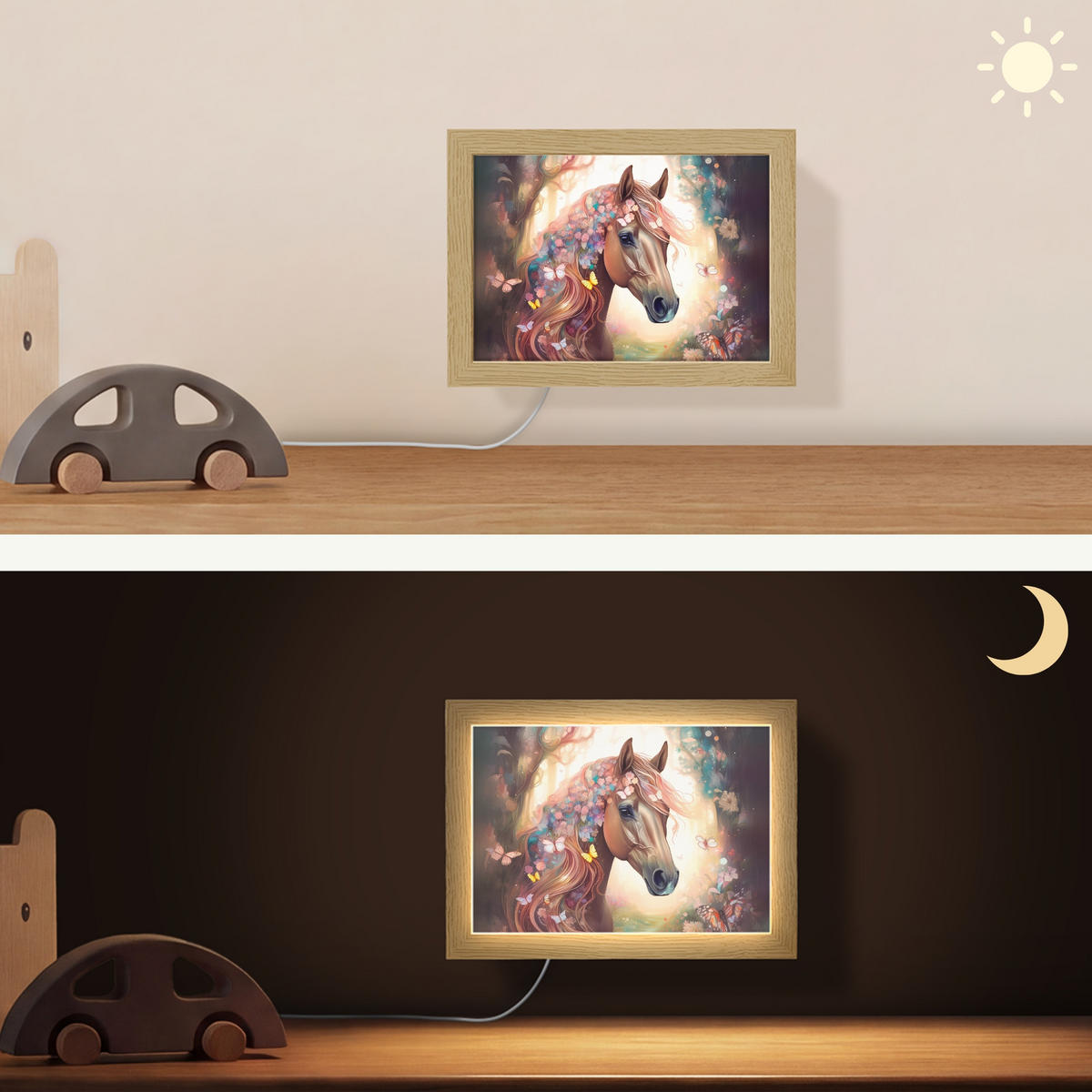 NÁSTĚNNÁ LAMPA Kůň - Příroda - Květiny - Motýli - Les 20x15 cm - tmavě hnědá, kompozitní dřevo (20/15/8cm) - OnlyWow