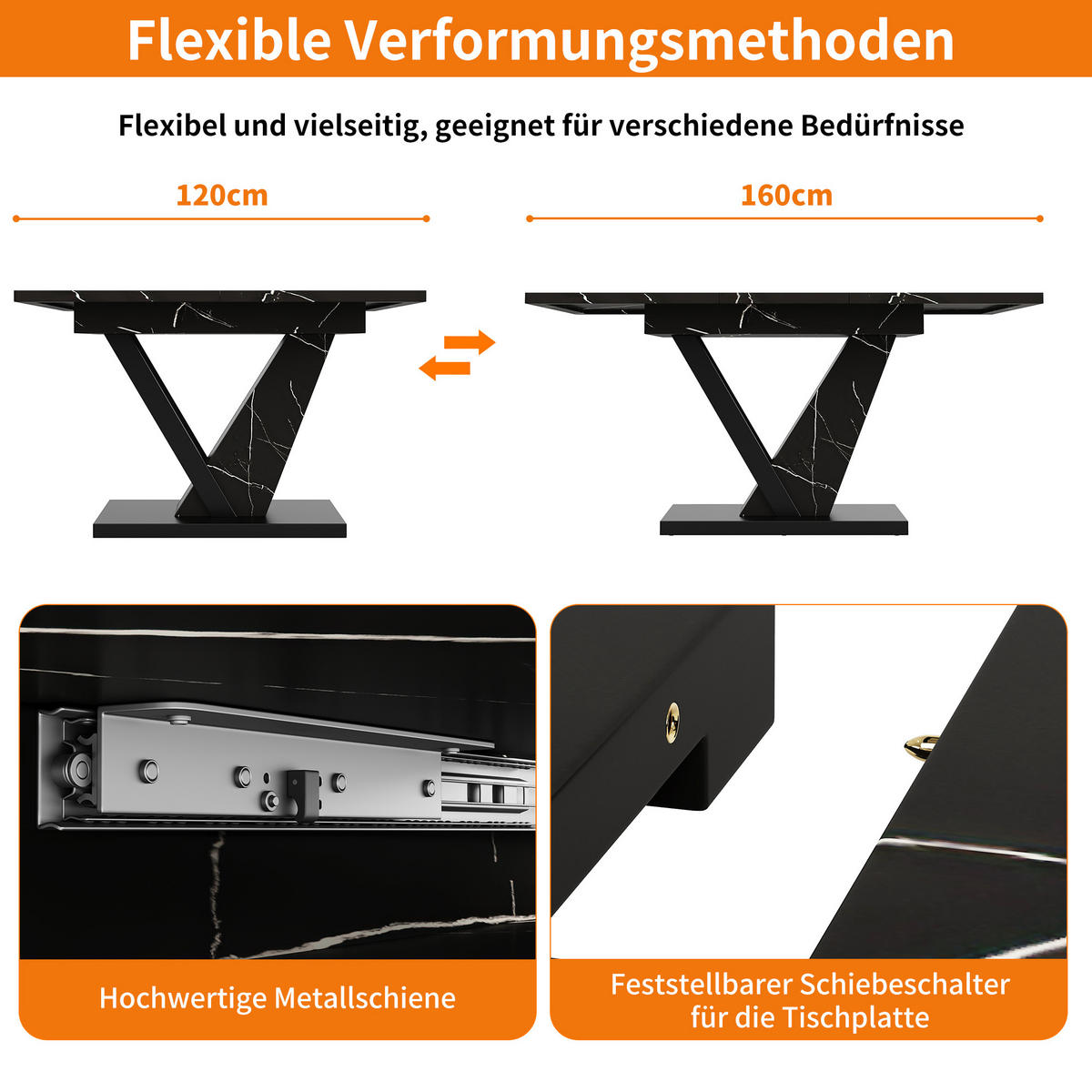 ESSTISCH 120-160/75/75,5 cm Schwarz aus MDF und Metall mit Ausziehfunktion - Schwarz, Holzwerkstoff (160/75/75.5cm) - OKMYHOME