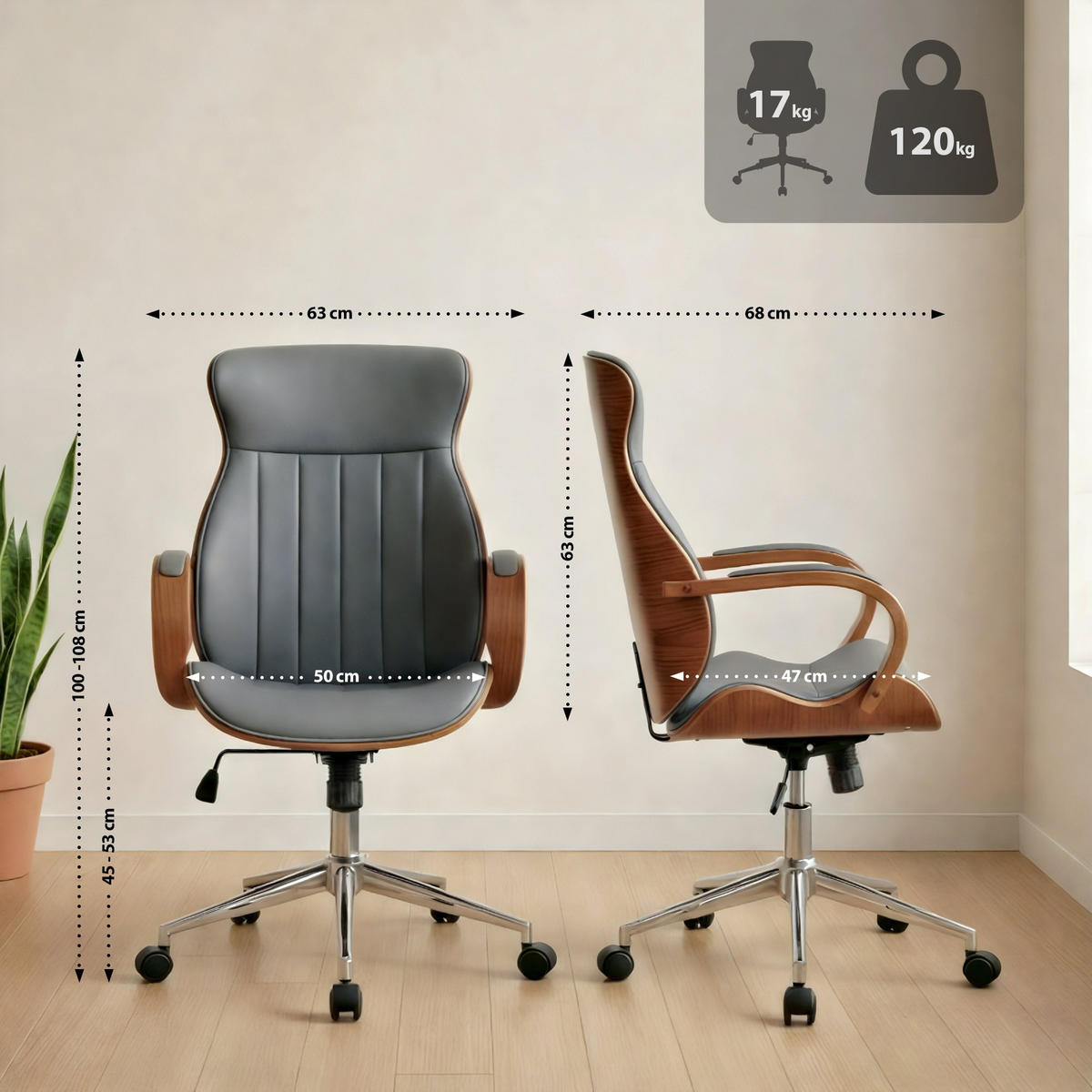 DREHSTUHL Lederlook Walnuss/Grau - Chromfarben/Walnussfarben, Textil/Metall (63/100/68cm) - CLP