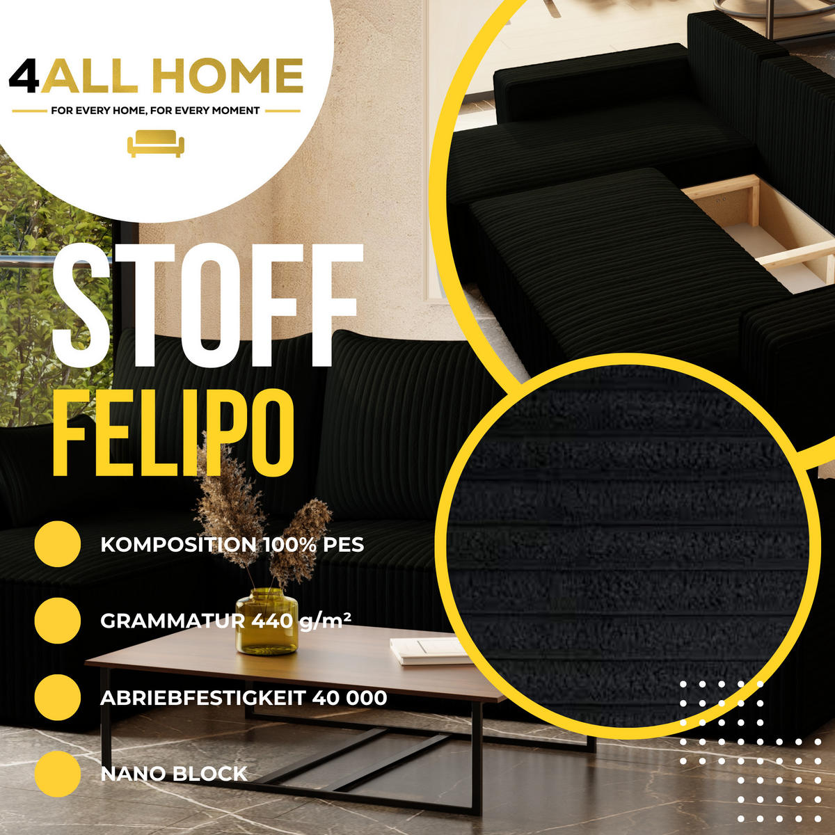 ECKSOFA Tobi mit Bettkasten und Schlaffunktion, L-Form/XL-Form, Cordstoff, Universal - Schwarz, Holzwerkstoff (246/145cm) - 4ALL HOME