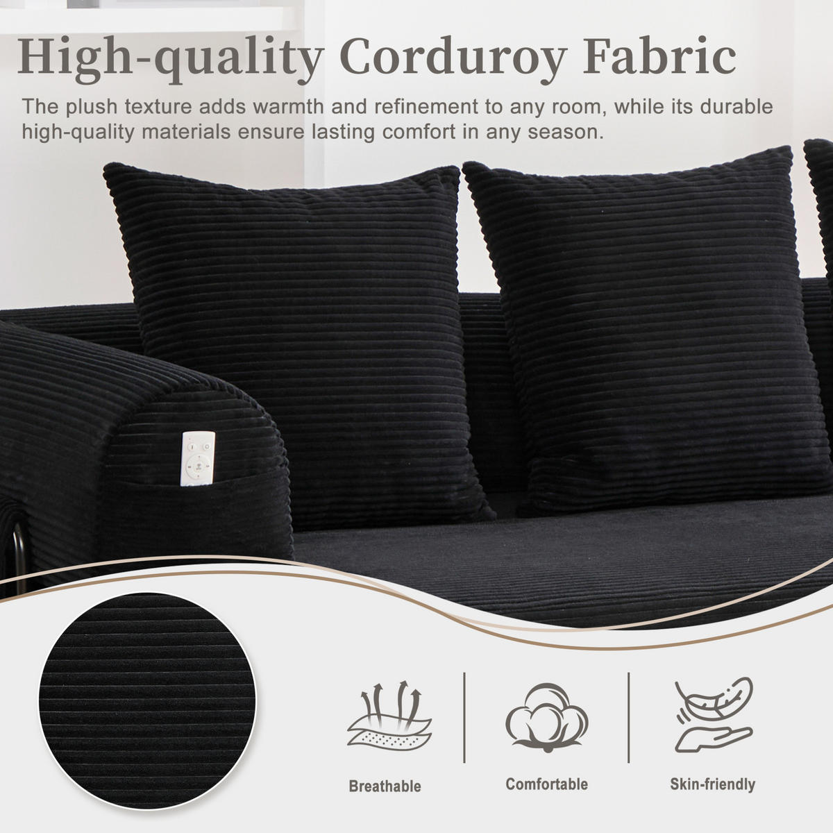 SOFA 200/94/67 cm in Schwarz aus Cord mit modularer Funktion und 3 Kissen - Schwarz, Textil (94/67/200cm) - Flora Grace